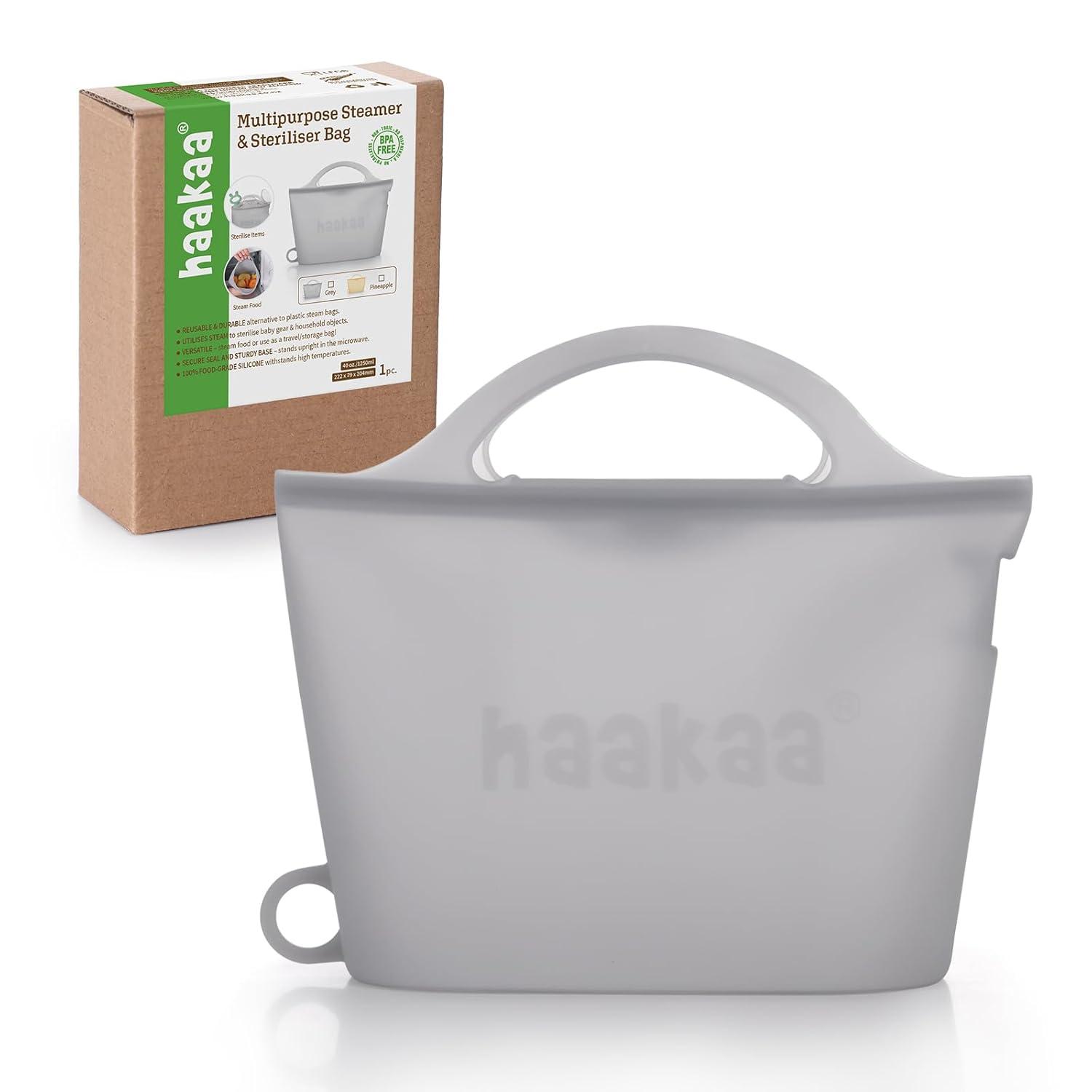 image:imageHaakaa OnTheGo Silicone Microwave Steam Sterilizer Bags for Travel 50oz1500mlReusable Silicone Steaming Bags for Baby Bottles Breast Pump Accessories Pacifiers TeethersGrey2PCSGrey 1PC
