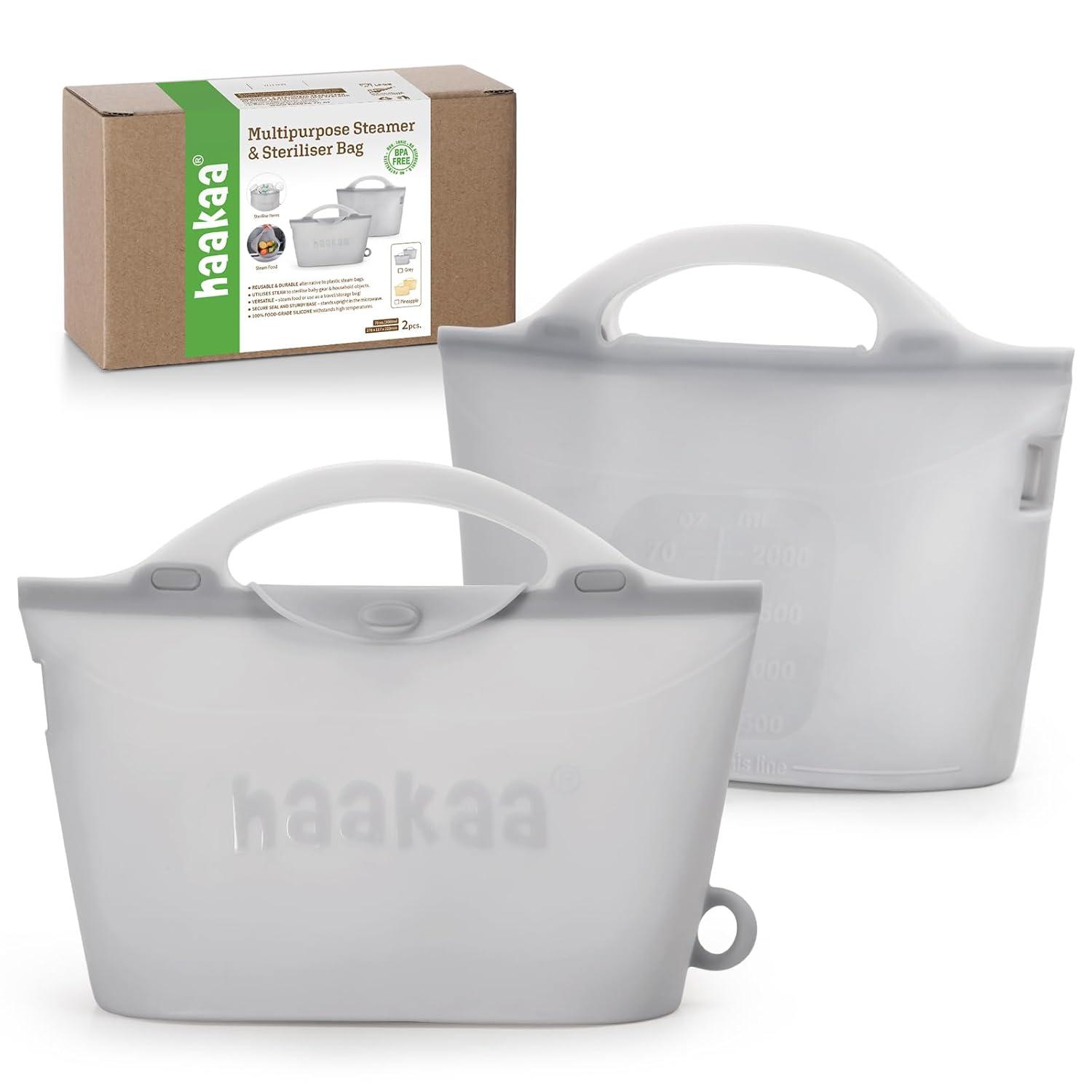 image:imageHaakaa OnTheGo Silicone Microwave Steam Sterilizer Bags for Travel 50oz1500mlReusable Silicone Steaming Bags for Baby Bottles Breast Pump Accessories Pacifiers TeethersGrey2PCSGrey 2PCS