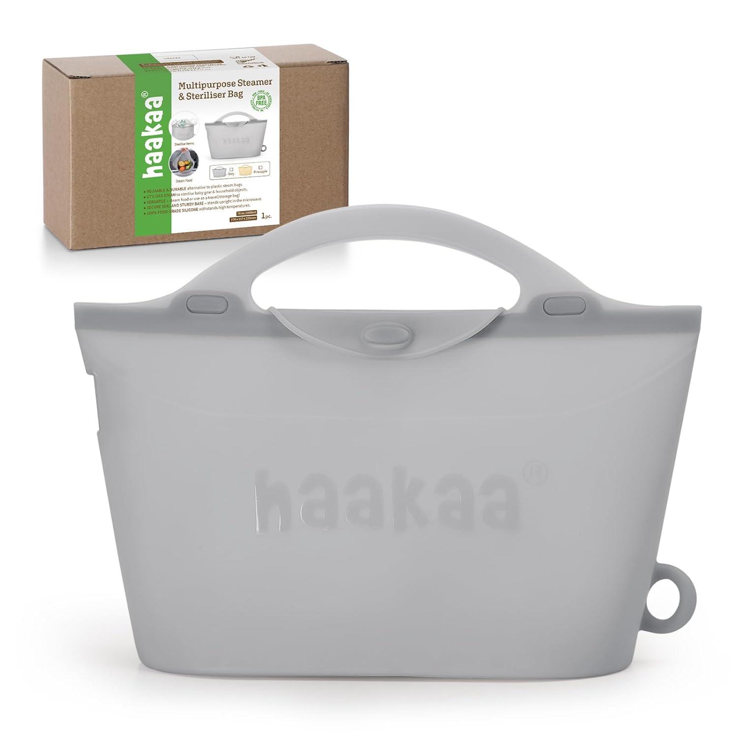 image:imageHaakaa OnTheGo Silicone Microwave Steam Sterilizer Bags for Travel 50oz1500mlReusable Silicone Steaming Bags for Baby Bottles Breast Pump Accessories Pacifiers TeethersGrey2PCSGrey 1PC