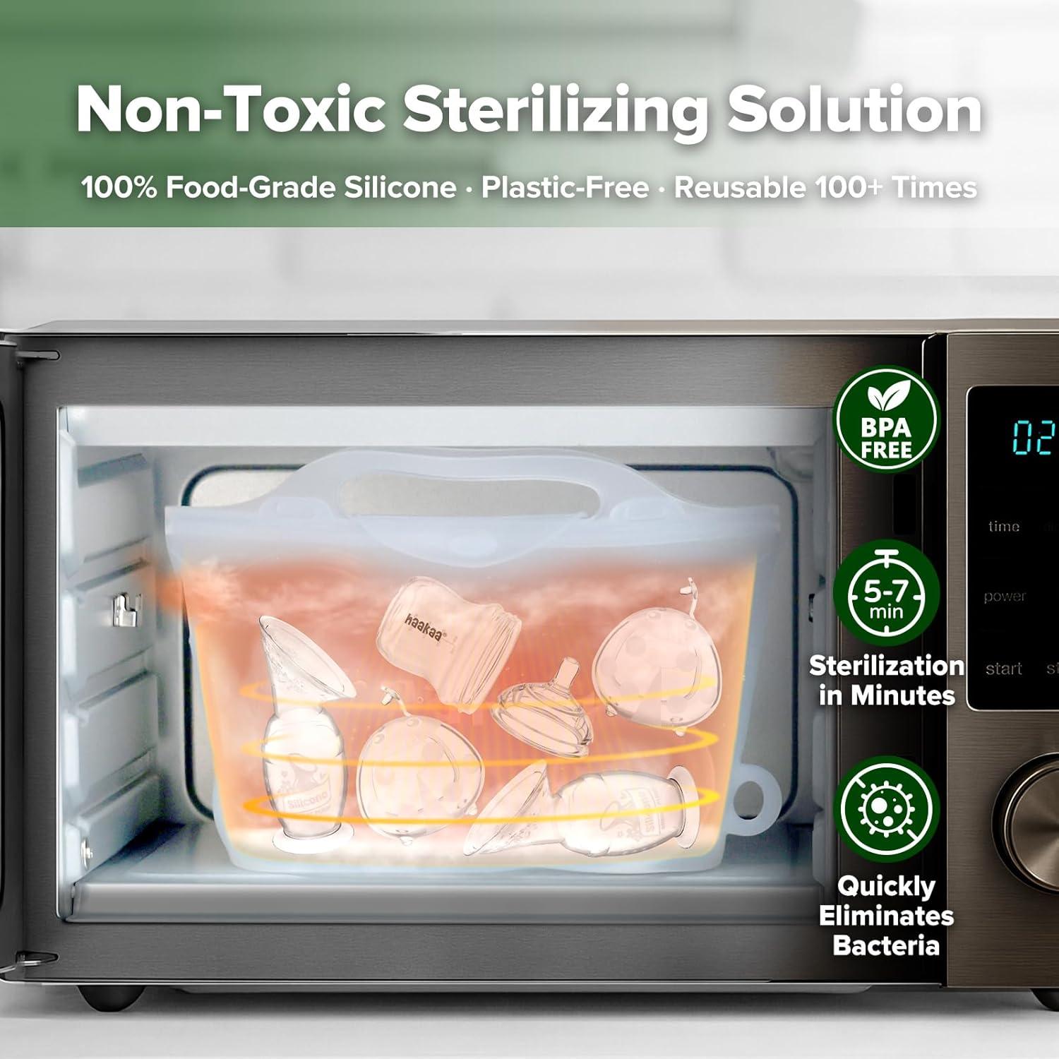 image:imageHaakaa OnTheGo Silicone Microwave Steam Sterilizer Bags for Travel 50oz1500mlReusable Silicone Steaming Bags for Baby Bottles Breast Pump Accessories Pacifiers TeethersGrey2PCSFrosted 1PC