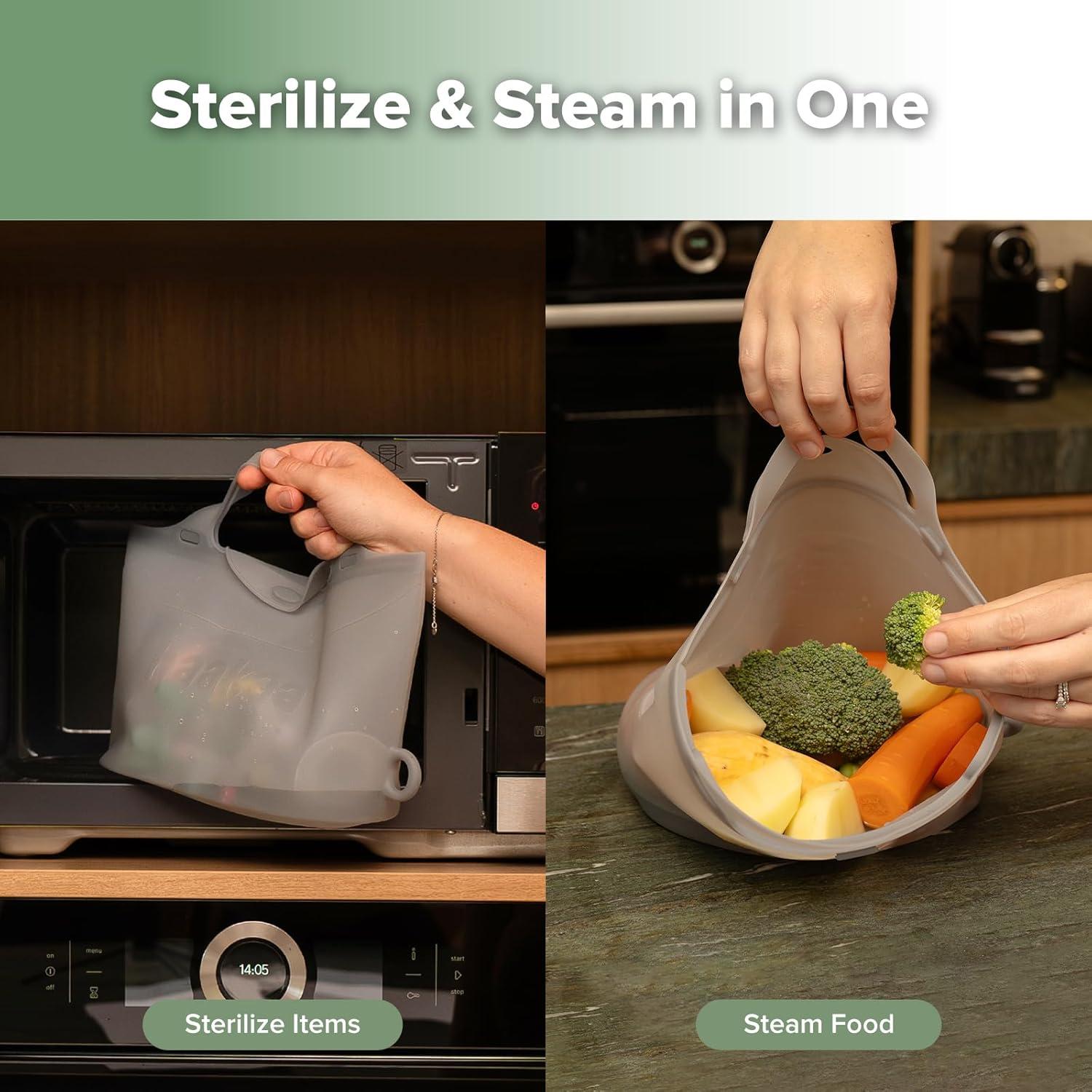 image:imageHaakaa OnTheGo Silicone Microwave Steam Sterilizer Bags for Travel 50oz1500mlReusable Silicone Steaming Bags for Baby Bottles Breast Pump Accessories Pacifiers TeethersGrey2PCSGrey 1PC