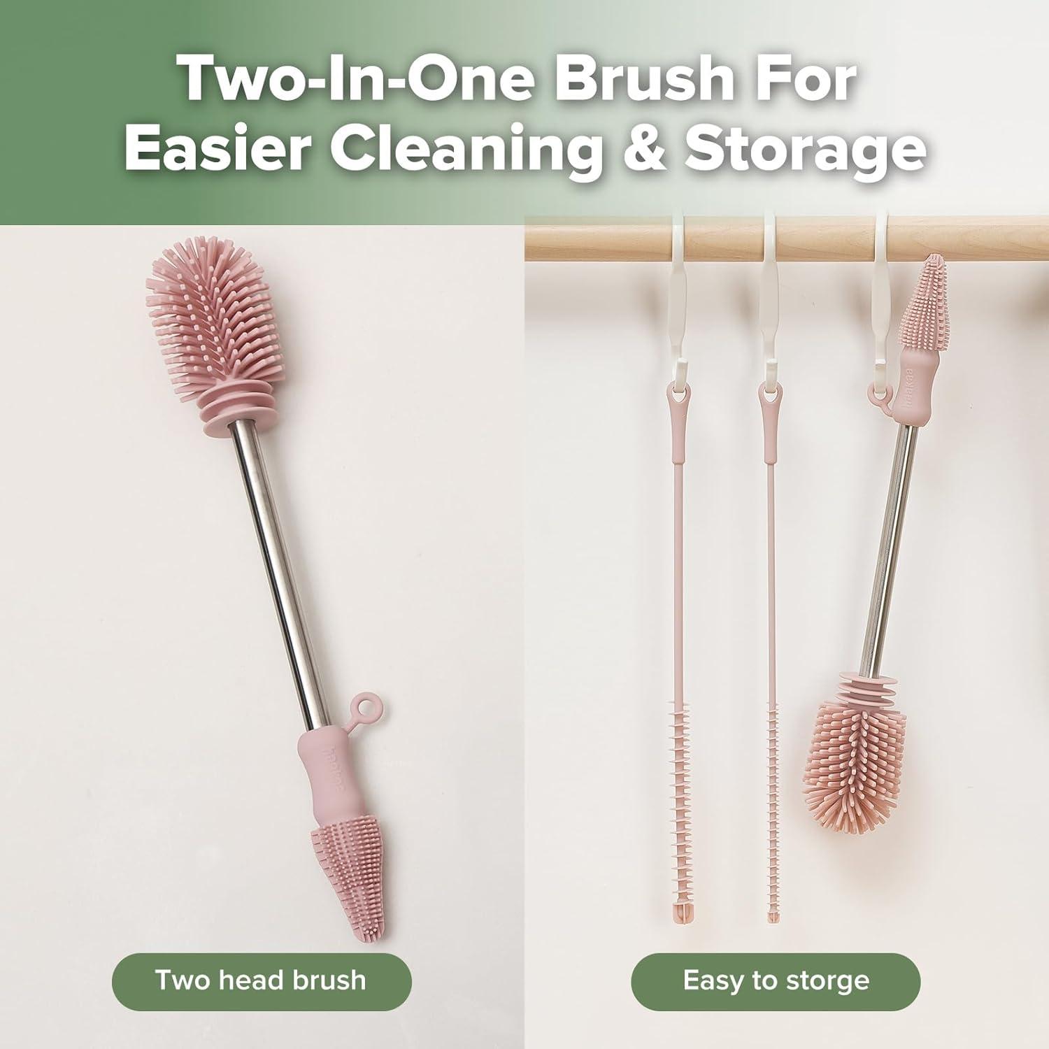 image:imagehaakaa Cleaning Brush Silicone Bottle Brush DoubleEnded Soft Silicone Bristles for Breast Pumps Breast Milk Collectors Baby Bottles Teats Breastmilk Storage Bags Pea Green1pkPink