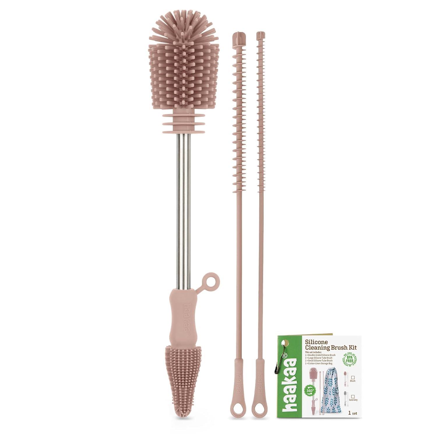 image:imagehaakaa Cleaning Brush Silicone Bottle Brush DoubleEnded Soft Silicone Bristles for Breast Pumps Breast Milk Collectors Baby Bottles Teats Breastmilk Storage Bags Pea Green1pkPink