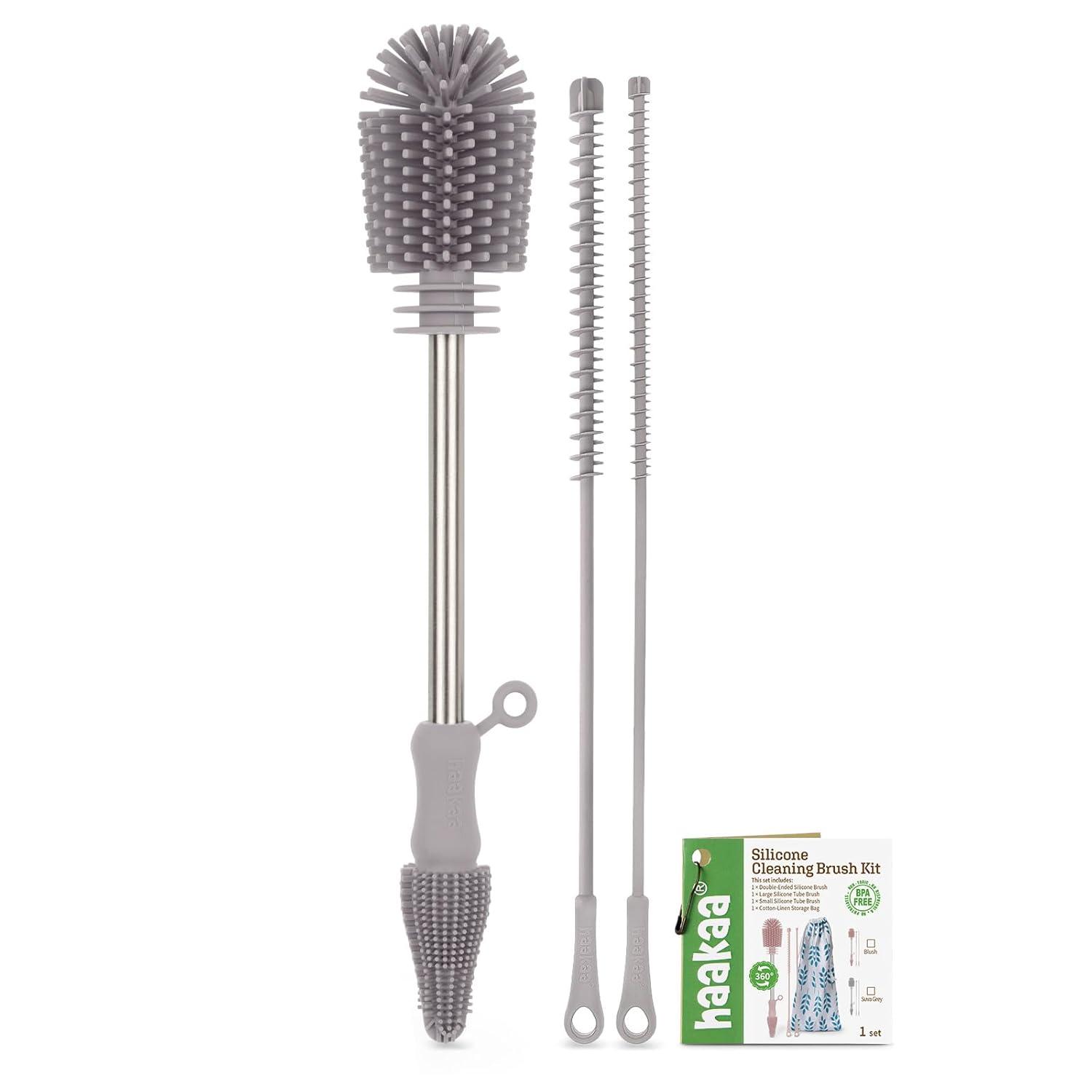 image:imagehaakaa Cleaning Brush Silicone Bottle Brush DoubleEnded Soft Silicone Bristles for Breast Pumps Breast Milk Collectors Baby Bottles Teats Breastmilk Storage Bags Pea Green1pkSuva Grey