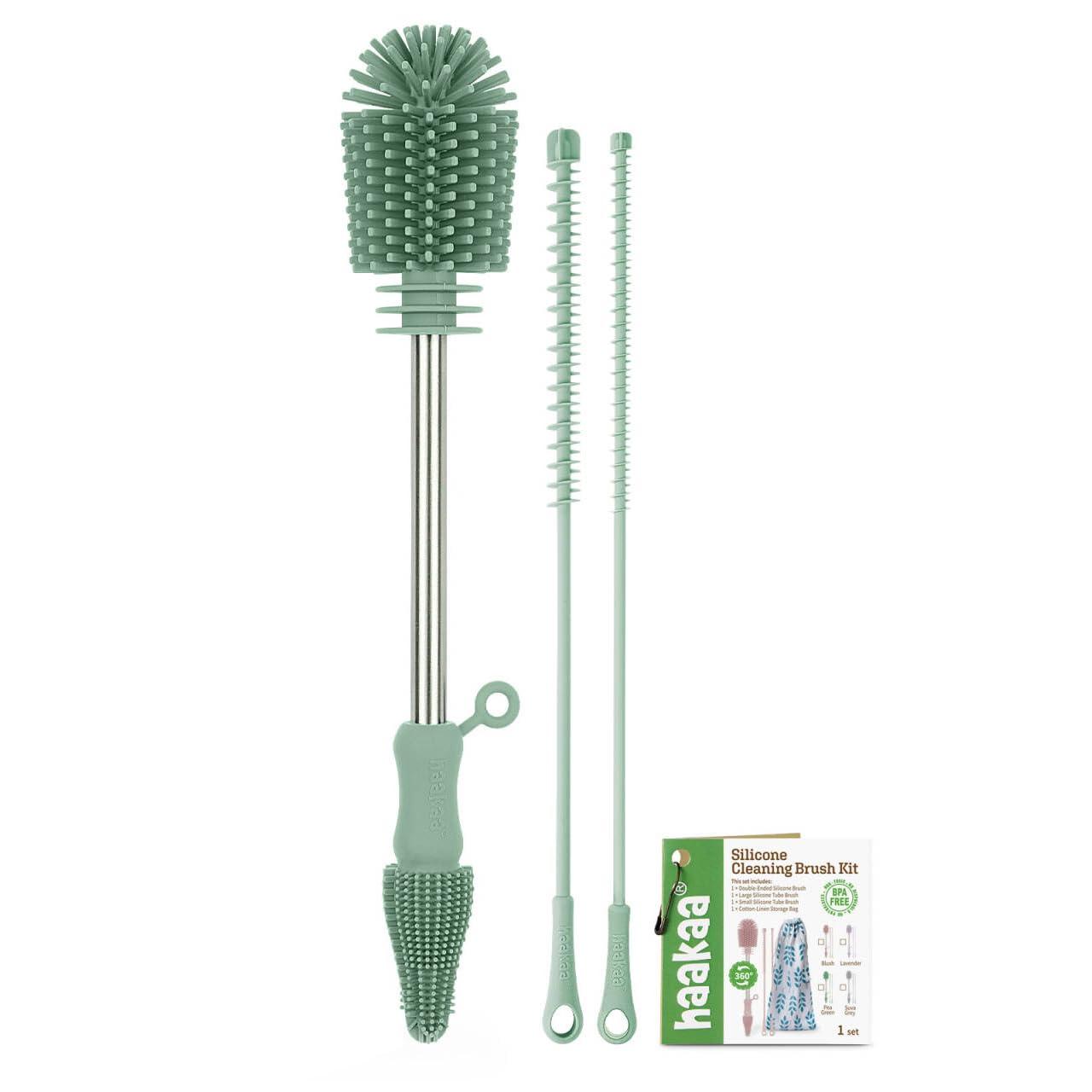 image:imagehaakaa Cleaning Brush Silicone Bottle Brush DoubleEnded Soft Silicone Bristles for Breast Pumps Breast Milk Collectors Baby Bottles Teats Breastmilk Storage Bags Pea Green1pkPea Green