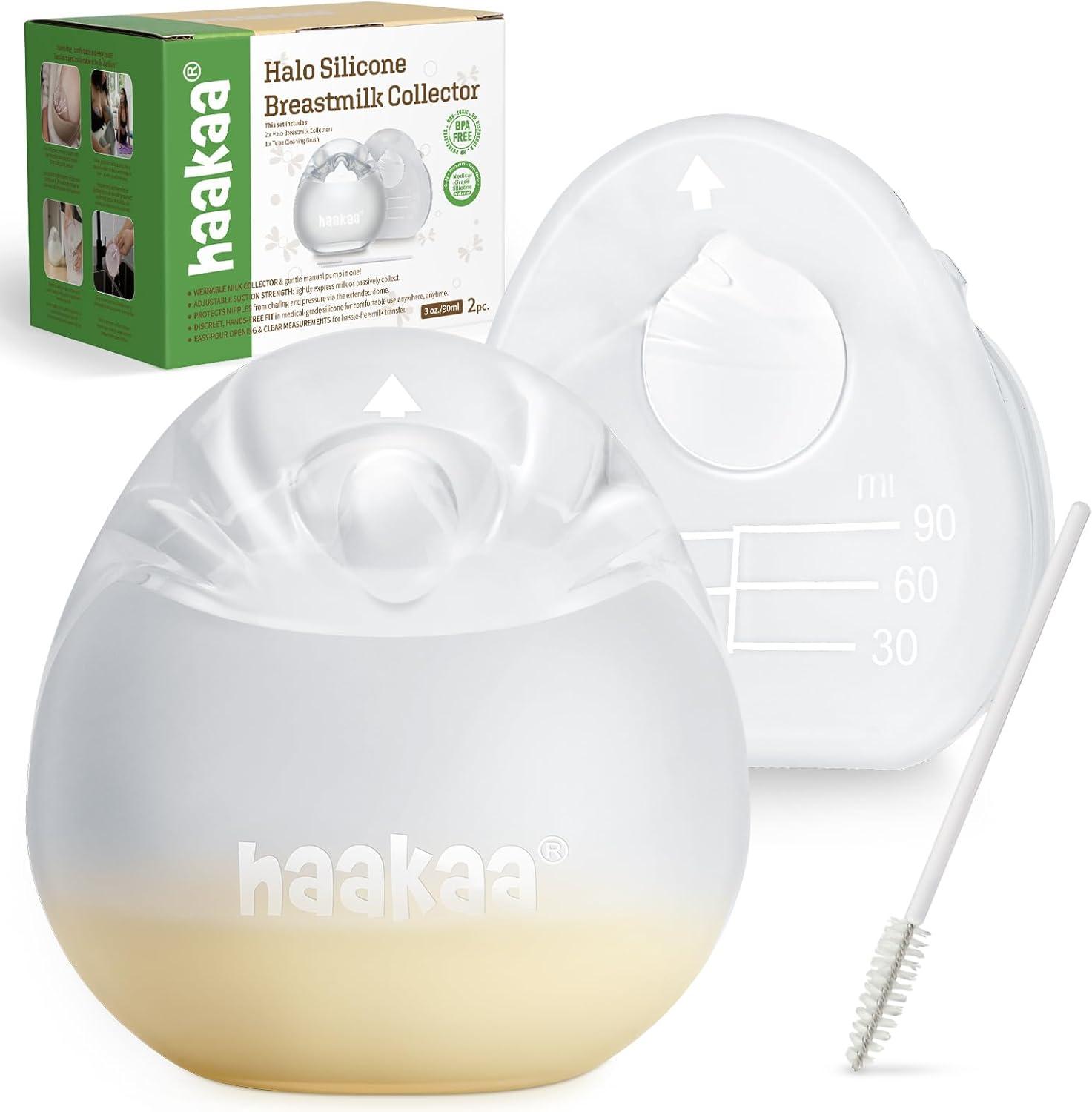 image:imagehaakaa Halo Silicone Breast Milk Collector Wearable Manual Breast Pump for Breastfeeding Hands Free Reusable Breast Milk Shells with Cleaning Brush 3oz90ml 2 Count3 Ounce