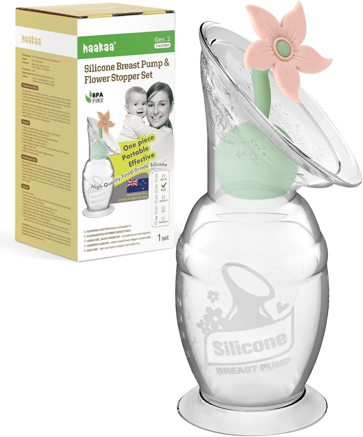 image:imagehaakaa Manual Breast Pump with Flower Stopper Set Gen2 Silicone Hand Pump with Suction Base BPA Free 4oz100ml LavenderBlush