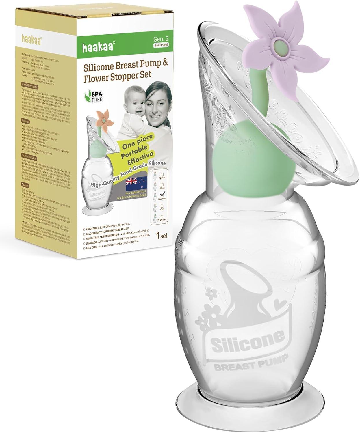image:imagehaakaa Manual Breast Pump with Flower Stopper Set Gen2 Silicone Hand Pump with Suction Base BPA Free 4oz100ml LavenderLavender
