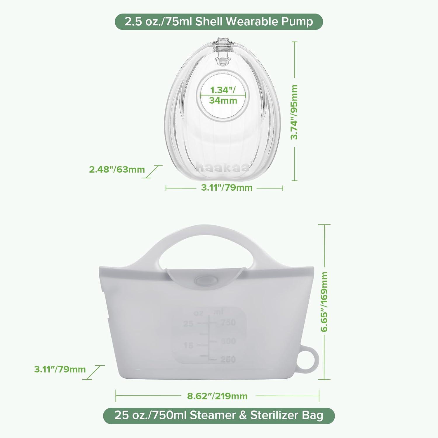image:imagehaakaa Wearable Silicone Breast Pump with Steriliser Bag 2in1 HandsFree Passive Breast Milk Catcher for Nursing Mom Breastfeeding Essentials 75ml Shell Pumps amp 1 Steriliser Bag GreyCleargrey