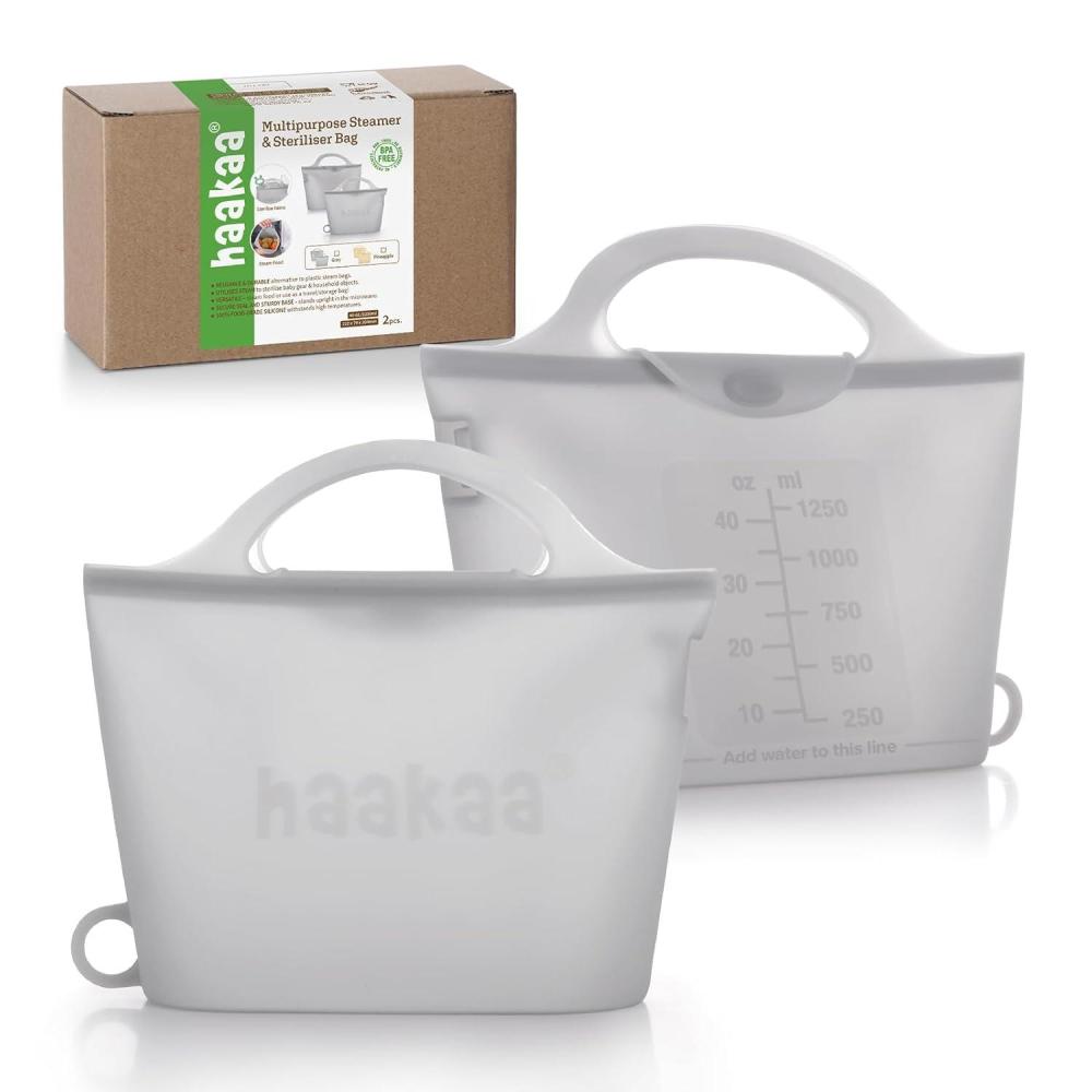 image:imageHaakaa OnTheGo Silicone Microwave Steam Sterilizer Bags for Travel 50oz1500mlReusable Silicone Steaming Bags for Baby Bottles Breast Pump Accessories Pacifiers TeethersGrey2PCSGrey 2PCS