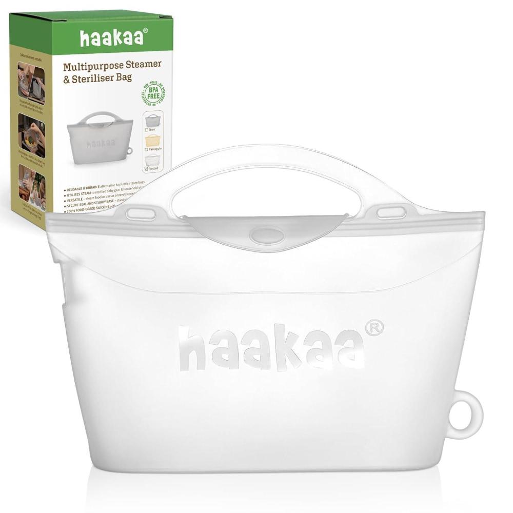 image:imageHaakaa OnTheGo Silicone Microwave Steam Sterilizer Bags for Travel 50oz1500mlReusable Silicone Steaming Bags for Baby Bottles Breast Pump Accessories Pacifiers TeethersGrey2PCSFrosted 1PC