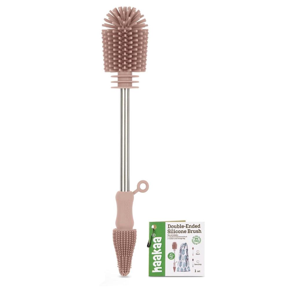 image:imagehaakaa Cleaning Brush Silicone Bottle Brush DoubleEnded Soft Silicone Bristles for Breast Pumps Breast Milk Collectors Baby Bottles Teats Breastmilk Storage Bags Pea Green1pkPink