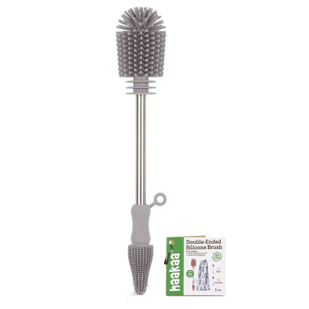 image:imagehaakaa Cleaning Brush Silicone Bottle Brush DoubleEnded Soft Silicone Bristles for Breast Pumps Breast Milk Collectors Baby Bottles Teats Breastmilk Storage Bags Pea Green1pkSuva Grey
