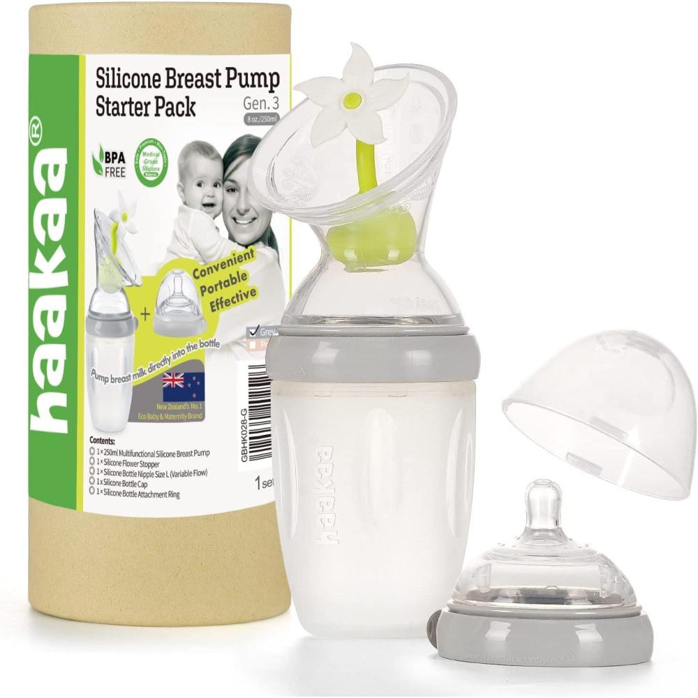 image:imagehaakaa Gen 3 Silicone Breast Pump 8oz250ml with Baby Bottle Teat amp Flower Stopper Set Breastfeeding Essentials for Prevent Accidental Spills  Multifunctional 2in1 Feeding System Color Grey