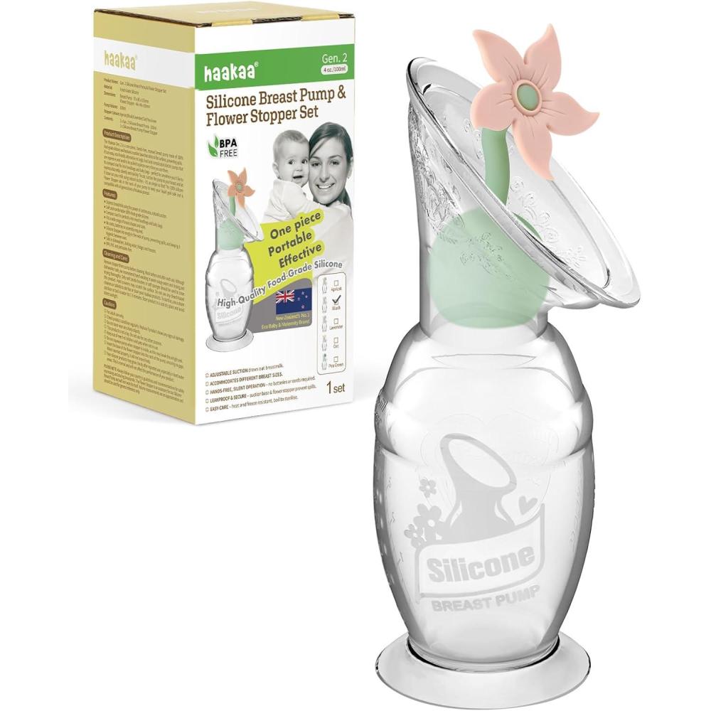 image:imagehaakaa Manual Breast Pump with Flower Stopper Set Gen2 Silicone Hand Pump with Suction Base BPA Free 4oz100ml LavenderBlush