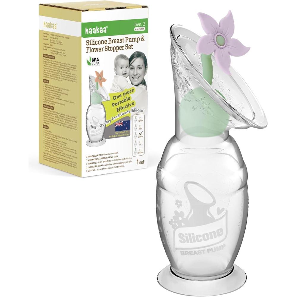 image:imagehaakaa Manual Breast Pump with Flower Stopper Set Gen2 Silicone Hand Pump with Suction Base BPA Free 4oz100ml LavenderLavender