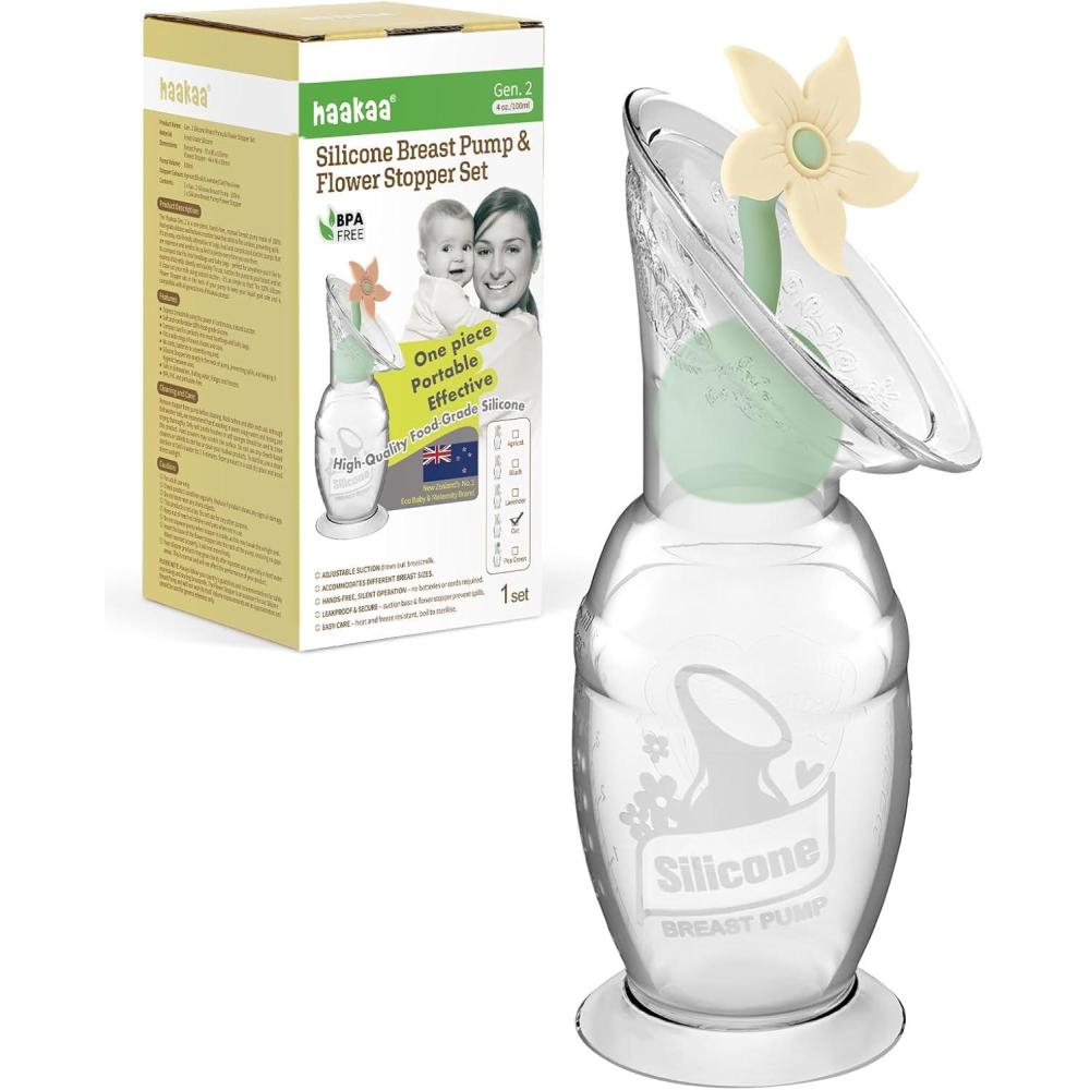 image:imagehaakaa Manual Breast Pump with Flower Stopper Set Gen2 Silicone Hand Pump with Suction Base BPA Free 4oz100ml LavenderOat