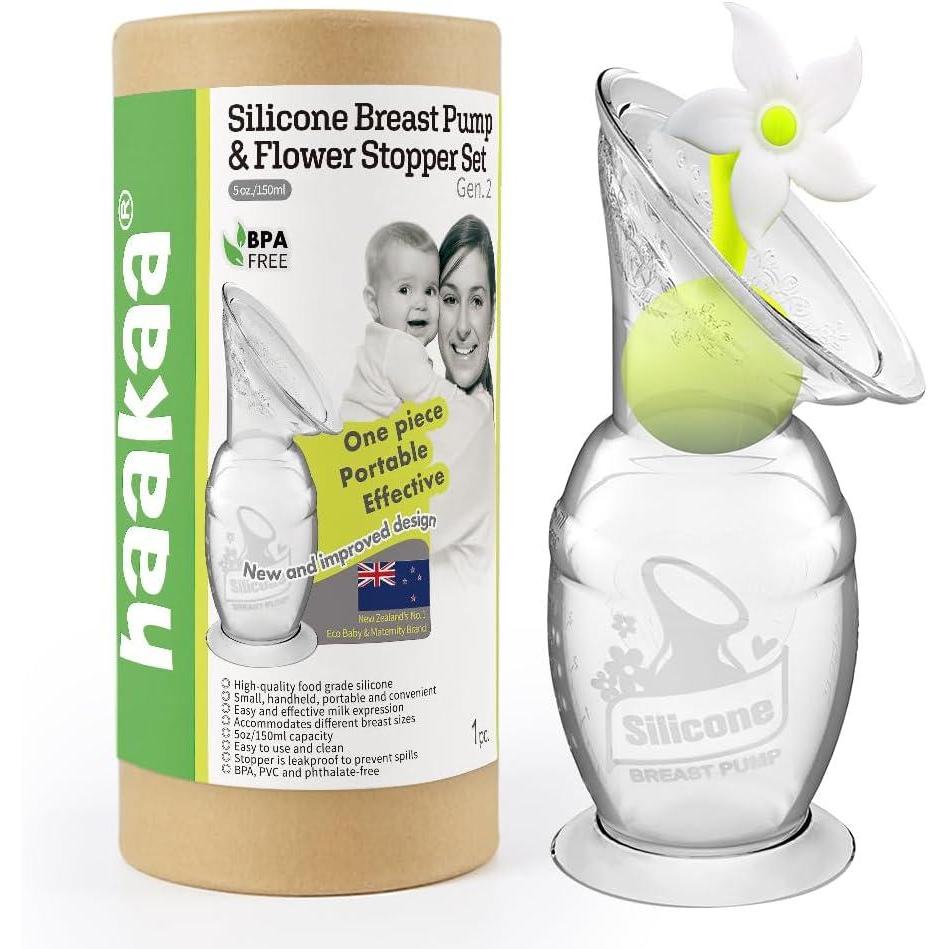 image:imagehaakaa Manual Breast Pump with Flower Stopper Set Gen2 Silicone Hand Pump with Suction Base BPA Free 4oz100ml LavenderWhite