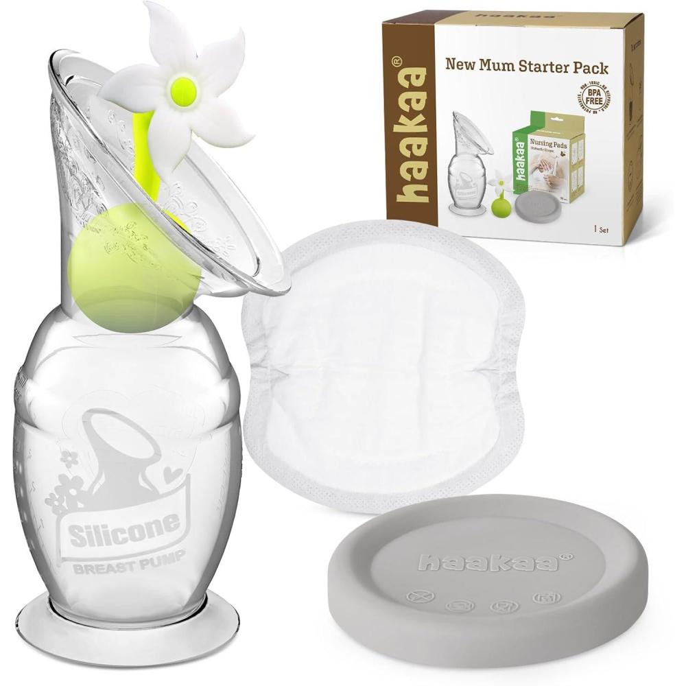 image:imagehaakaa New Mum Starter Pack Silicone Manual Breast Pump with Silicone Cap amp Flower Stopper 5oz150ml Disposable Nursing Pads 36 Count for Breastfeeding