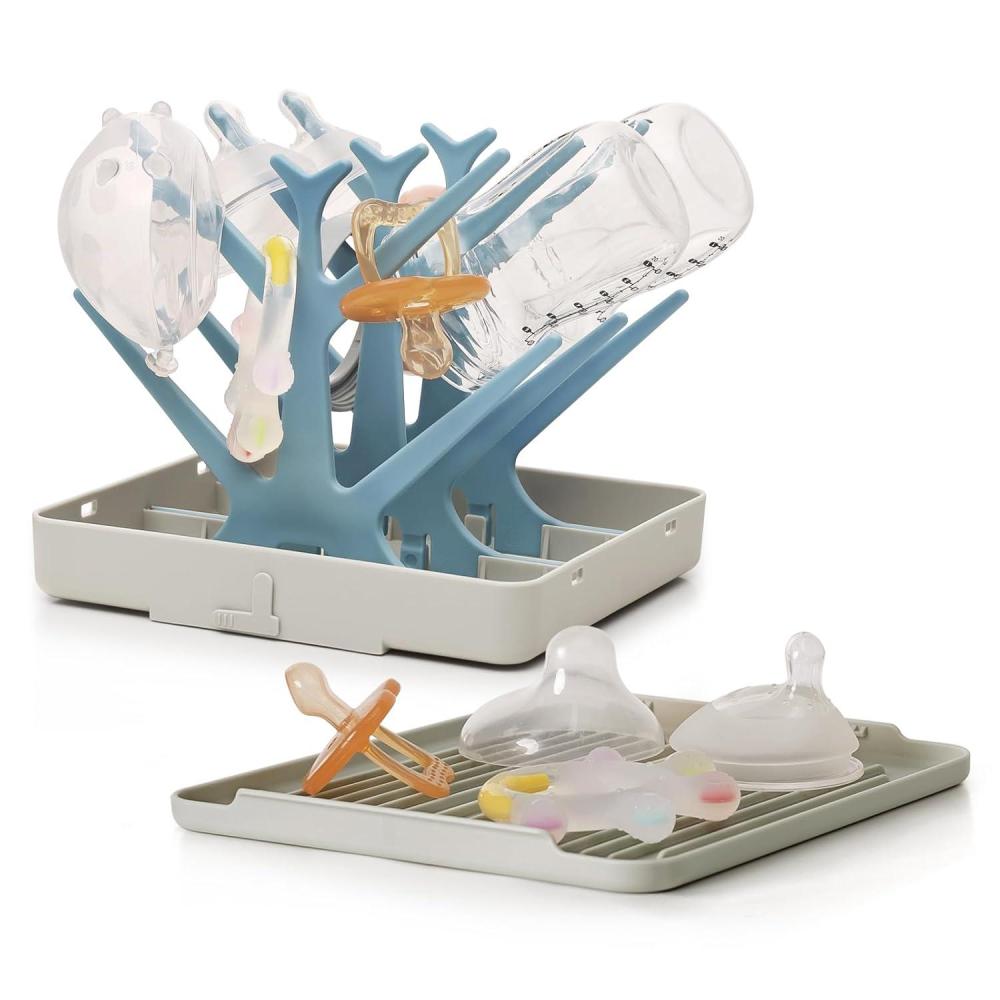 image:imagehaakaa Portable Baby Bottle Drying Rack with Tray Space Saving Bottle Drying Tree for BottlesPump PartsPacifiersEasyStore Dryer Rack Great for Home amp Travel BPA Free GreySky Blue
