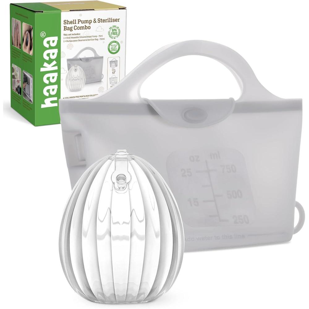 image:imagehaakaa Wearable Silicone Breast Pump with Steriliser Bag 2in1 HandsFree Passive Breast Milk Catcher for Nursing Mom Breastfeeding Essentials 75ml Shell Pumps amp 1 Steriliser Bag GreyCleargrey