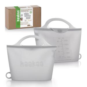 Haakaa On-The-Go Silicone Microwave Steam Sterilizer Bags for Travel, 50oz/1500mlReusable Silicone Steaming Bags for Baby Bottles, Breast Pump, Accessories, Pacifiers, Teethers,Grey/2PCS(Grey 2PCS)