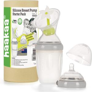 haakaa Gen. 3 Silicone Breast Pump 8oz/250ml with Baby Bottle Teat & Flower Stopper Set Breastfeeding Essentials for Prevent Accidental Spills | Multifunctional 2-in-1 Feeding System, Color: Grey