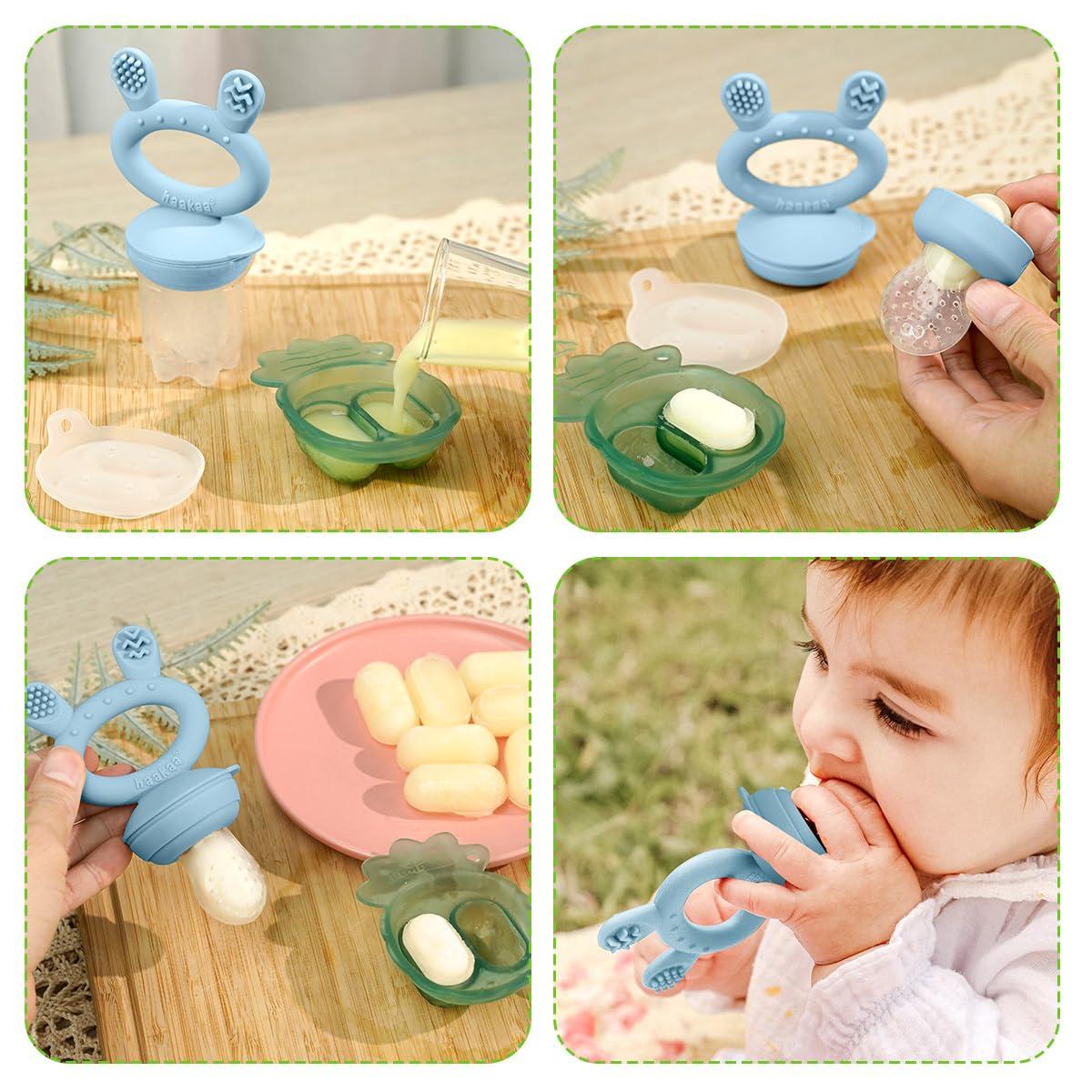 image:imageHaakaa Baby Fruit Food Feeder amp Mini Freezer Nibble Tray Combo Breastmilk Popsicle Molds for Baby Cooling Relief BPA Free Silicone Feeder for Safe Infant Self Feeding 4 Month BlushSky Blue
