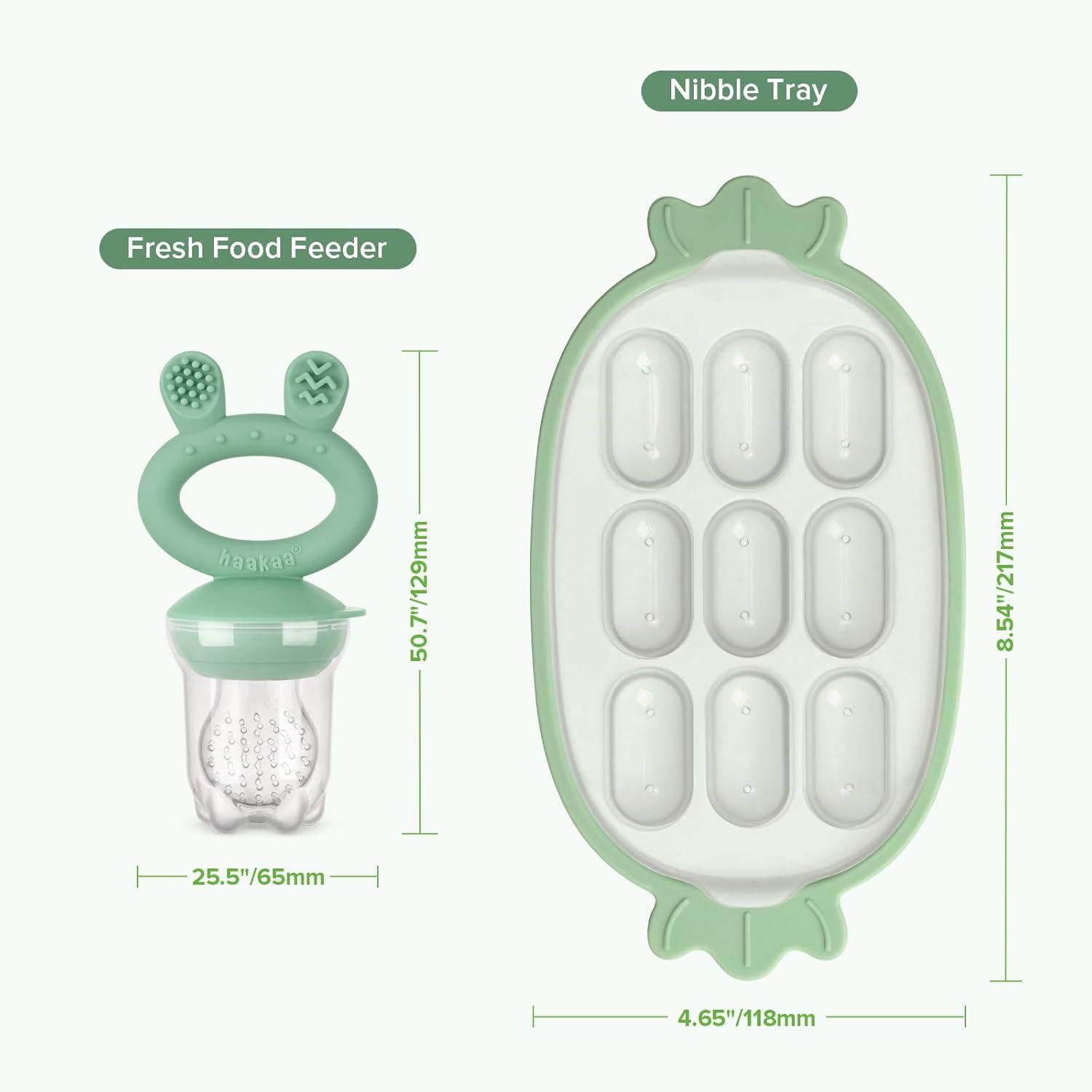 image:imageHaakaa Baby Fruit Food Feeder amp Silicone Nibble Tray Combo Breastmilk Popsicle Mold for Baby Cooling Relief BPA Free Baby Mesh Feeder for Infant Self FeedingPea Green