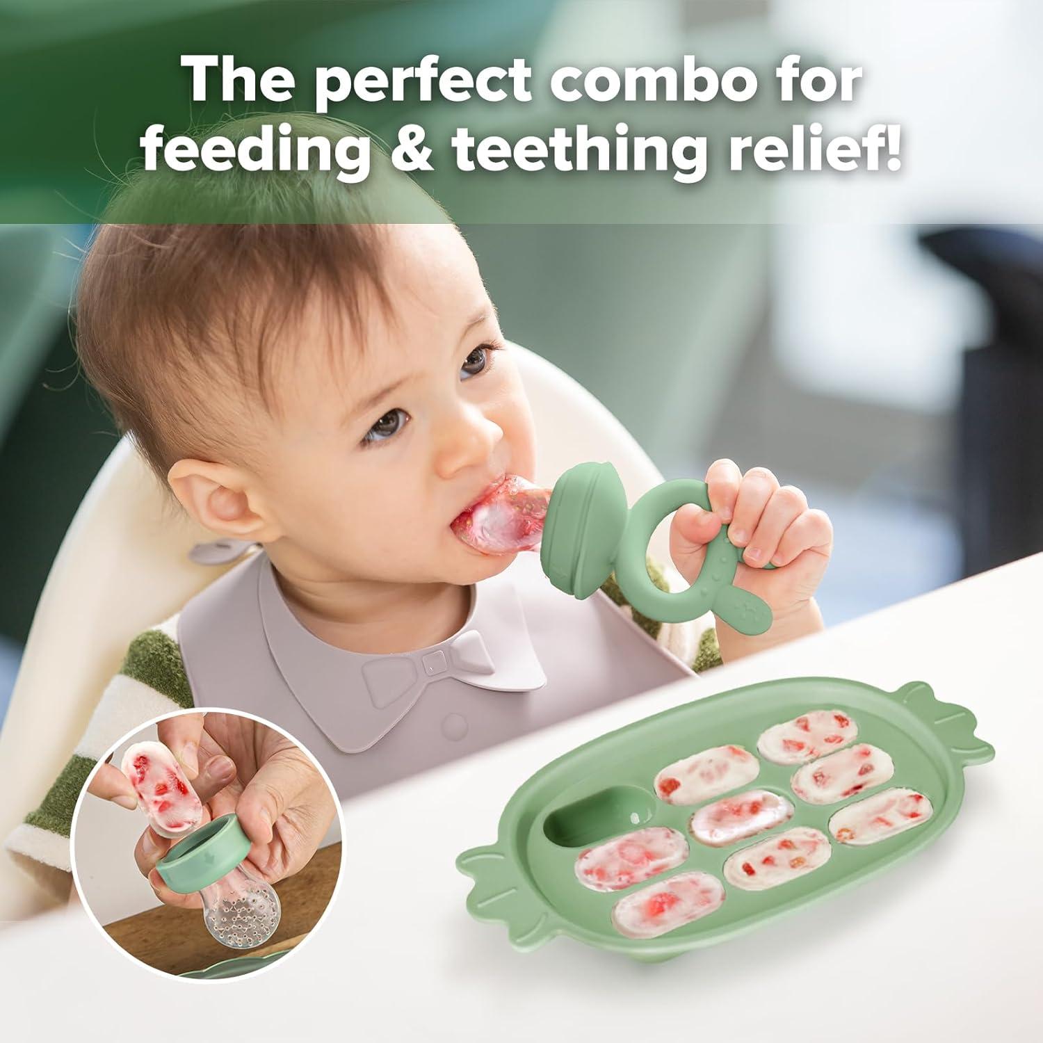 image:imageHaakaa Baby Fruit Food Feeder amp Silicone Nibble Tray Combo Breastmilk Popsicle Mold for Baby Cooling Relief BPA Free Baby Mesh Feeder for Infant Self FeedingPea Green