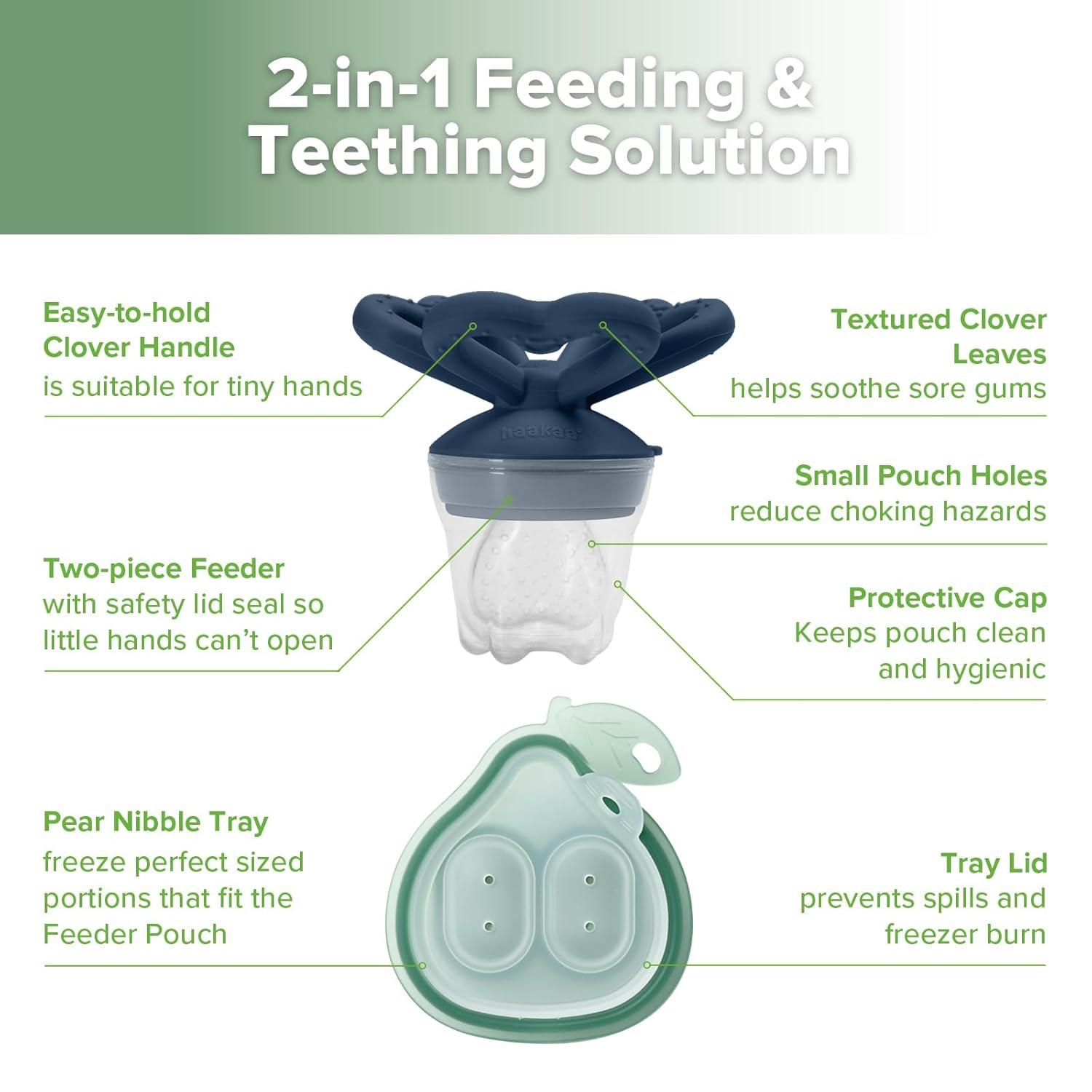 image:imageHaakaa Clover Baby Fruit Feeder Teether amp Mini Freezer Nibble Tray BPAFree Silicone Breastmilk Popsicle Mold for Baby Teething Relief amp SelfFeeding 4M Pea GreenSteel Blue