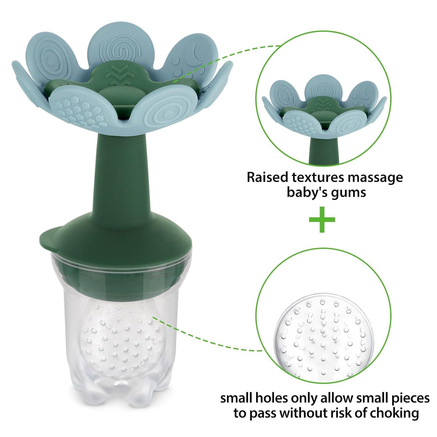 image:imageHaakaa Flower Baby Fresh Fruit Food Feeder with Mini Freezer Nibble Tray Breastmilk Popsicle Mold for Baby Cooling Relief Food Grade Silicone Baby Mesh Feeder for Infants 4M PeaGreenSkyBlue