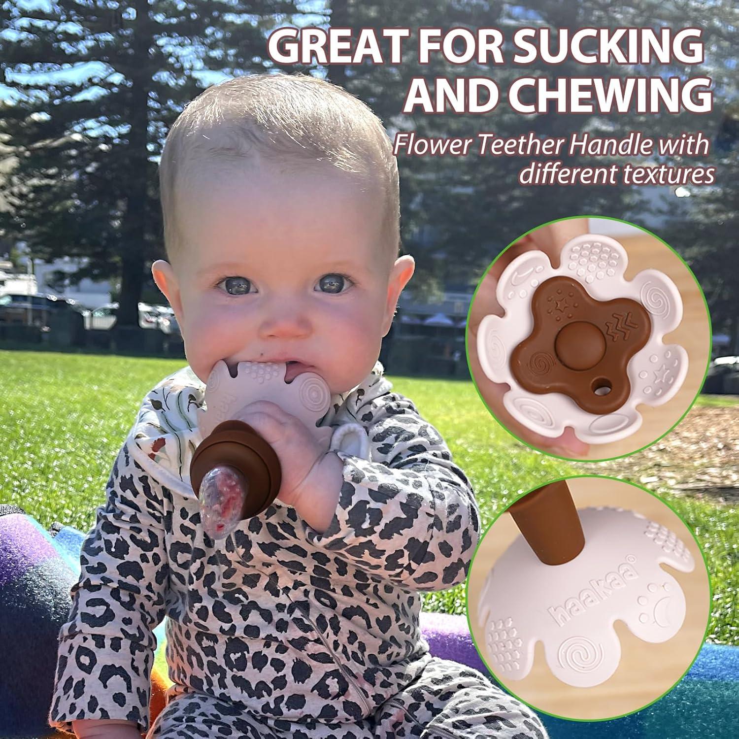 image:imageHaakaa Flower Baby Fresh Fruit Food Feeder with Mini Freezer Nibble Tray Breastmilk Popsicle Mold for Baby Cooling Relief Food Grade Silicone Baby Mesh Feeder for Infants 4M PeaGreenBlush