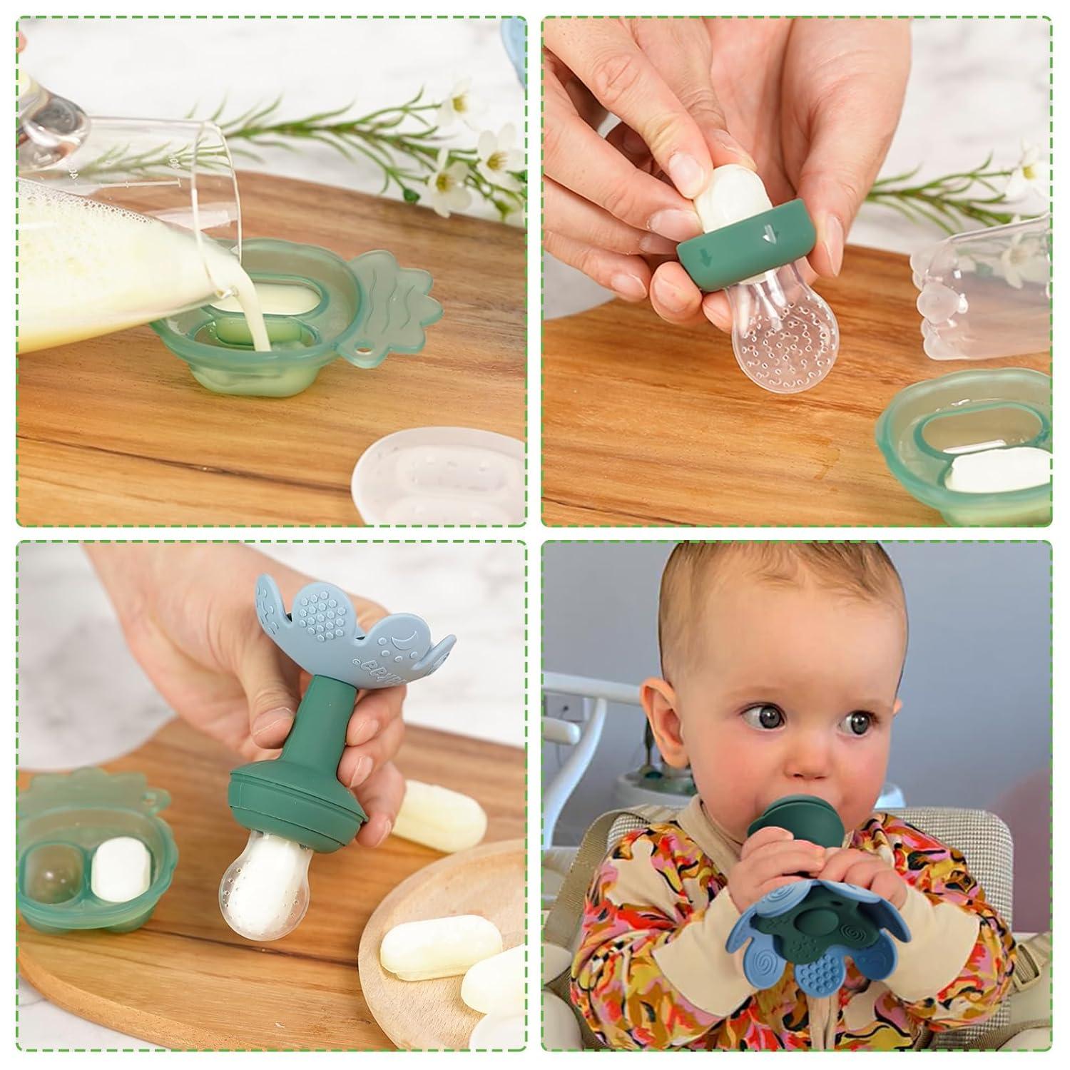 image:imageHaakaa Flower Baby Fresh Fruit Food Feeder with Mini Freezer Nibble Tray Breastmilk Popsicle Mold for Baby Cooling Relief Food Grade Silicone Baby Mesh Feeder for Infants 4M PeaGreenSkyBlue