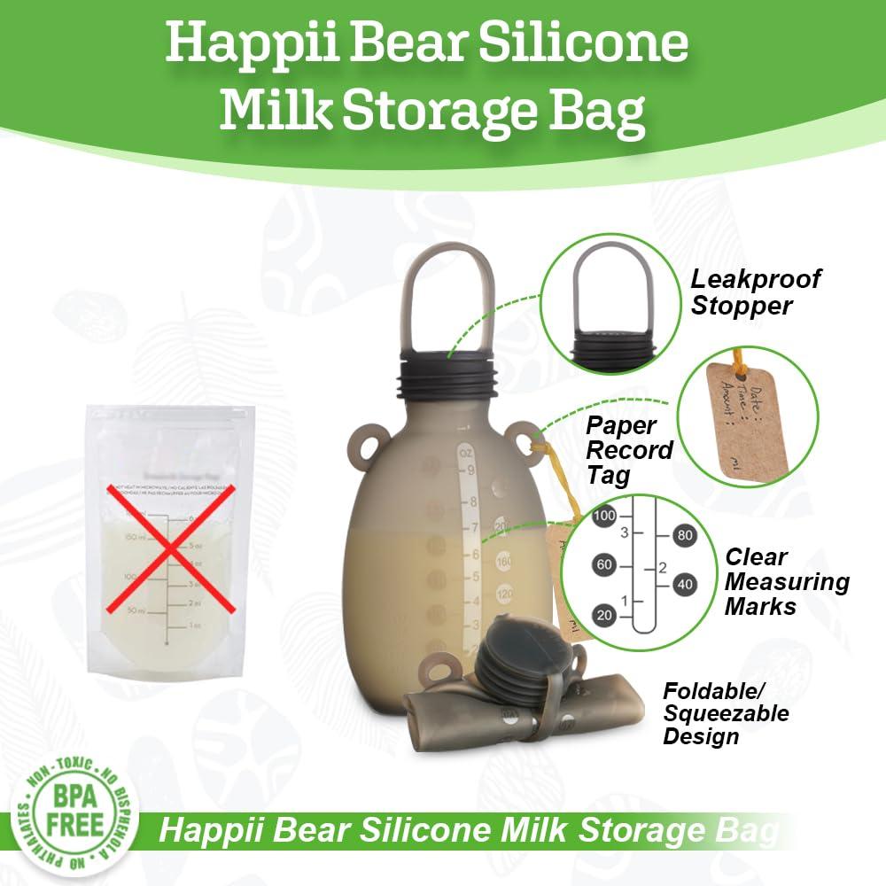 image:imageHaakaa Happii Bear Silicone Breast Milk Storage Bag 9oz Refillable Baby Food Squeeze Pouch Breastmilk Storage Container Reusable Freezer Bag No Leak BPA Free 2PK
