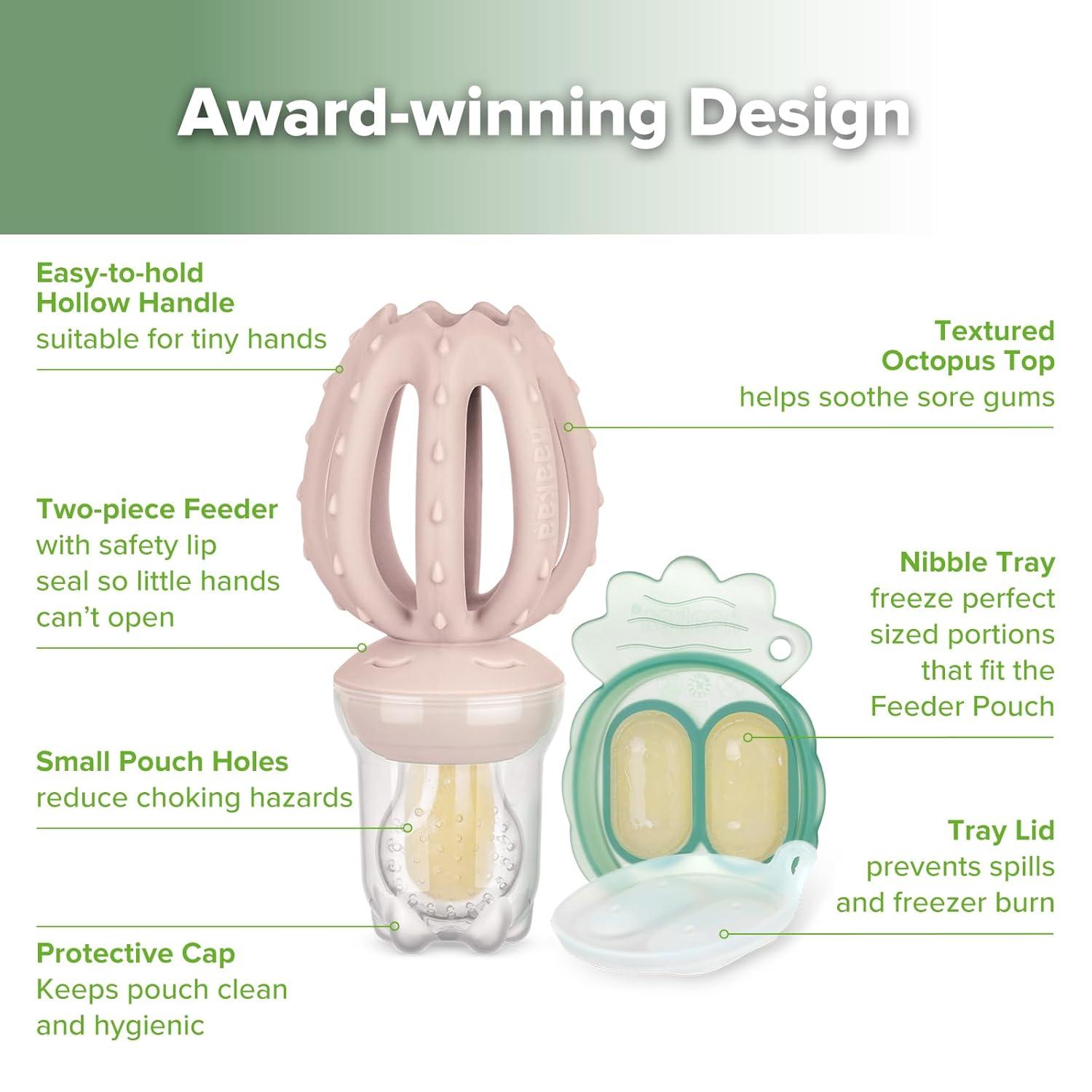 image:imageHaakaa Octopus Baby Fruit Food Feeder amp Mini Freezer Nibble Tray Combo Breastmilk Popsicle Molds for Cooling Relief BPA Free Silicone Feeder for Safe Infant Self Feeding 4 MonthPea GreenBlush