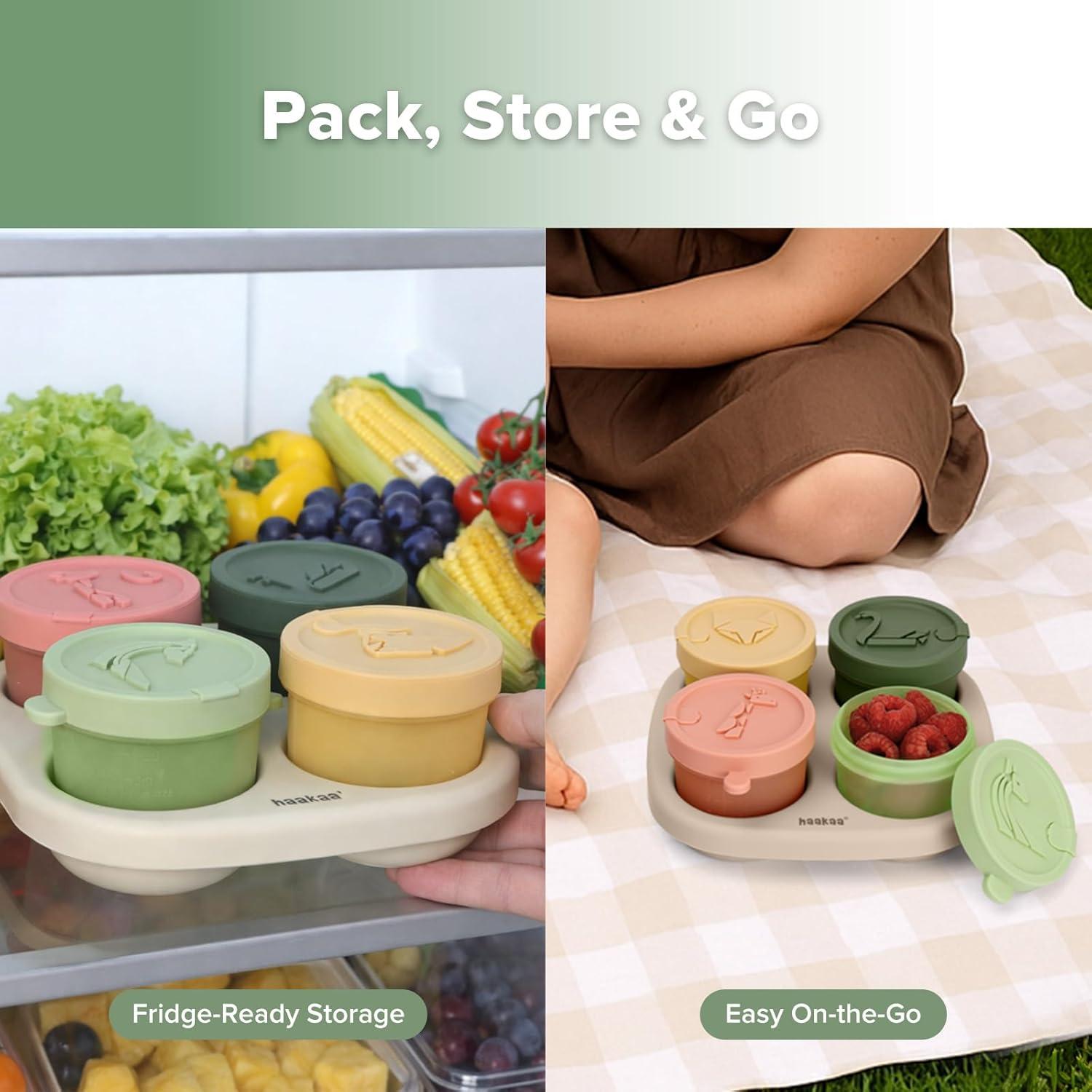 image:imageHaakaa Silicone Baby Food Containers 4oz120ml Baby Food Jars with Leakproof Lids and Tray FreezerSafe Food Storage for Purees amp Snacks 4 PackSpring Green TrayOat Tray