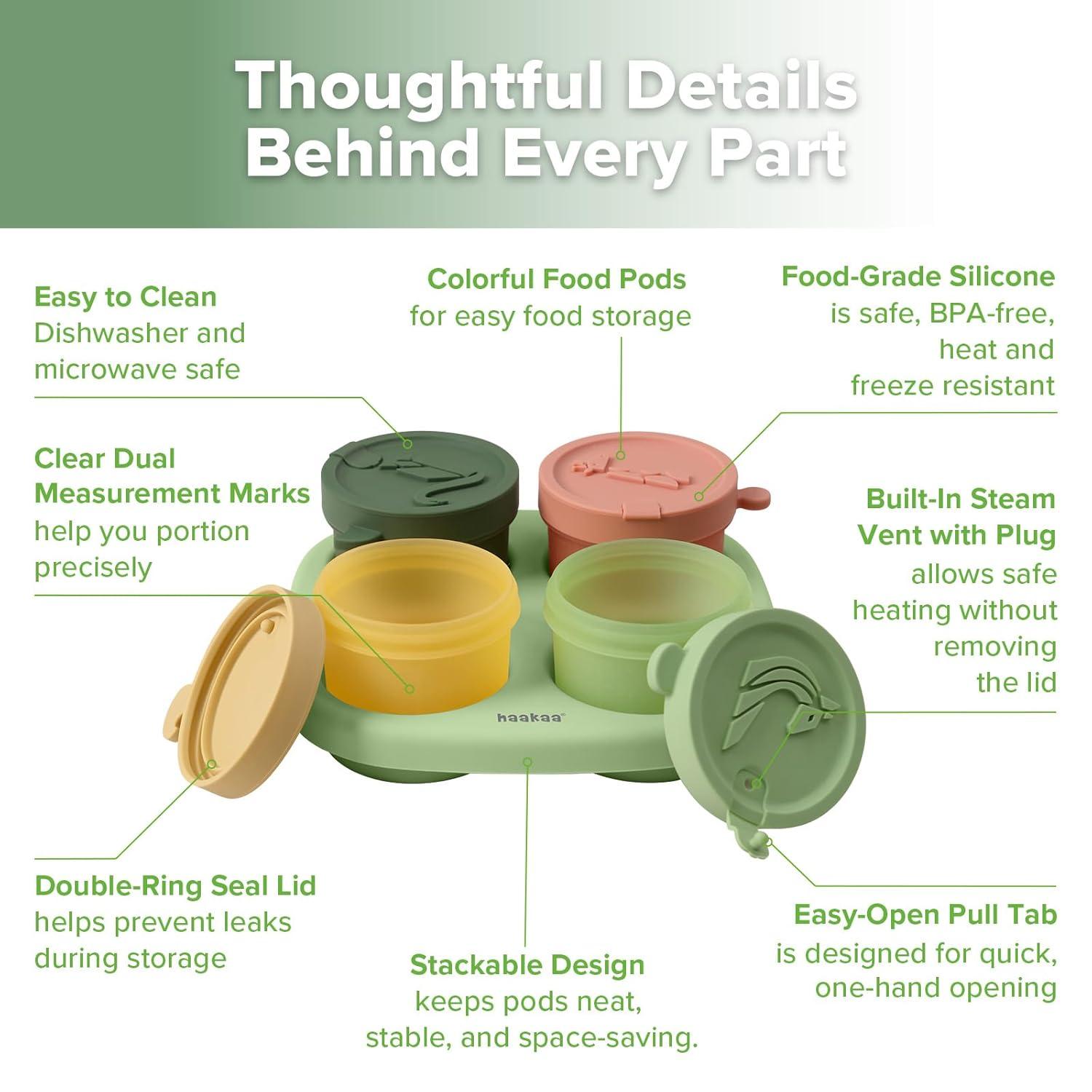 image:imageHaakaa Silicone Baby Food Containers 4oz120ml Baby Food Jars with Leakproof Lids and Tray FreezerSafe Food Storage for Purees amp Snacks 4 PackSpring Green TraySpring Green Tray