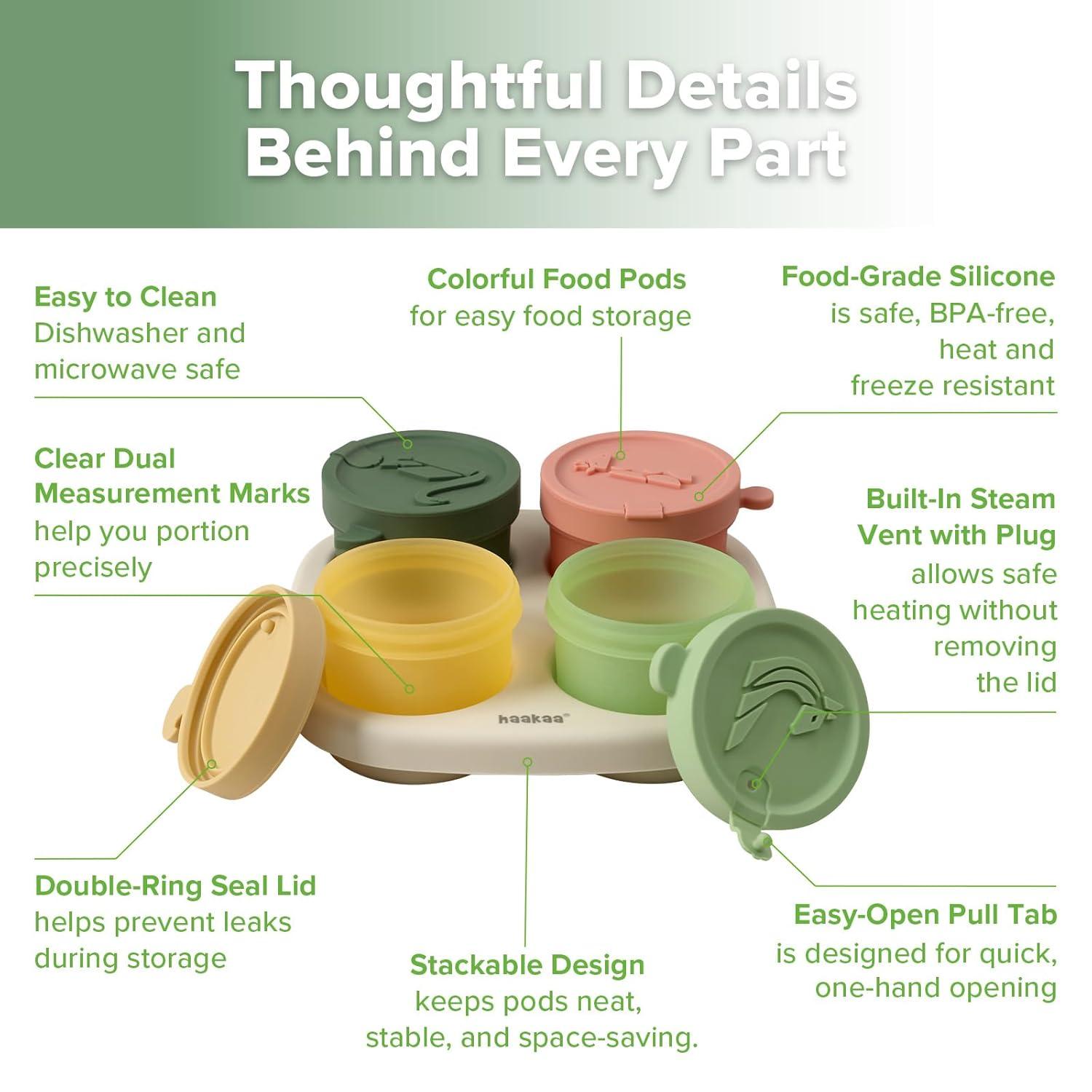 image:imageHaakaa Silicone Baby Food Containers 4oz120ml Baby Food Jars with Leakproof Lids and Tray FreezerSafe Food Storage for Purees amp Snacks 4 PackSpring Green TrayOat Tray
