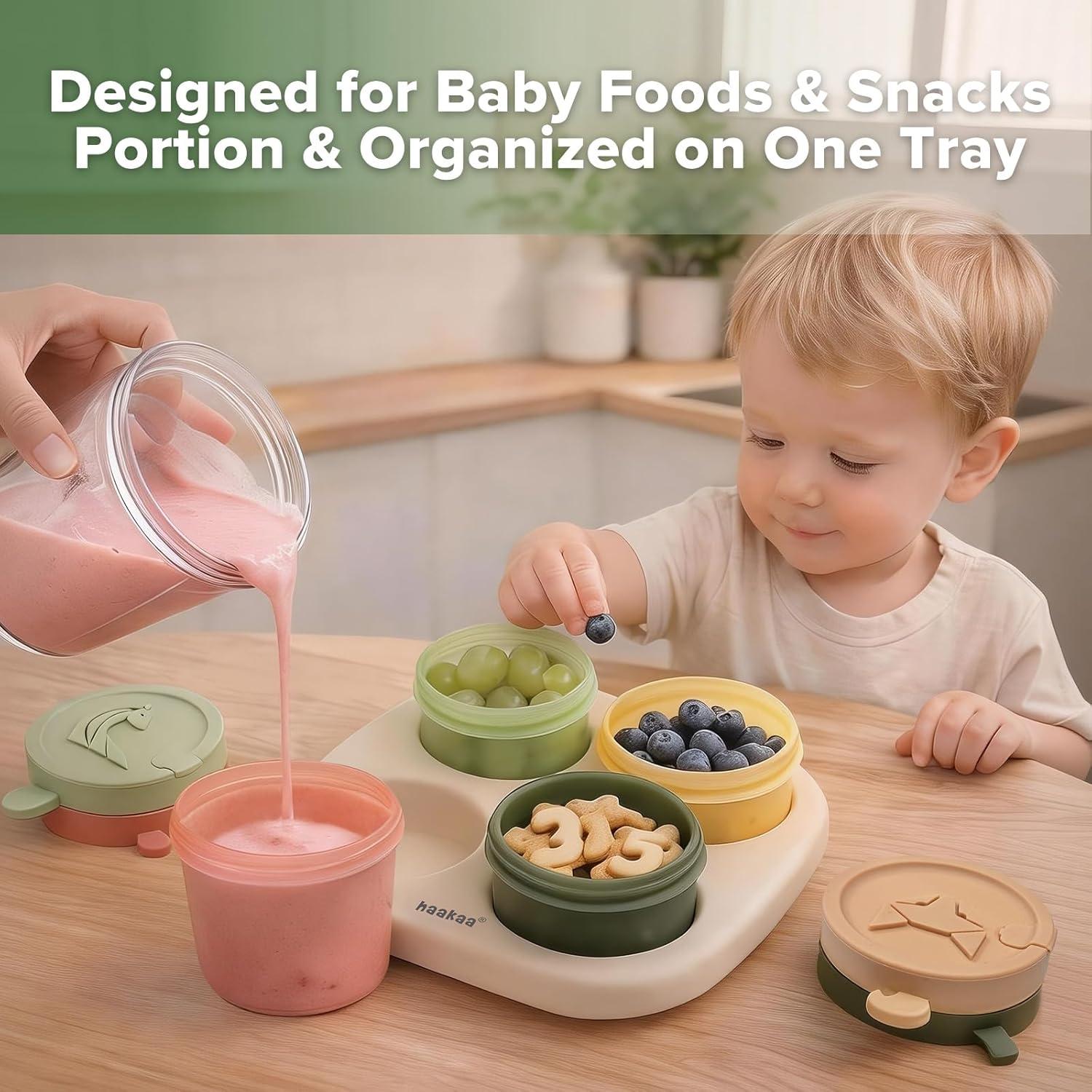 image:imageHaakaa Silicone Baby Food Containers 4oz120ml Baby Food Jars with Leakproof Lids and Tray FreezerSafe Food Storage for Purees amp Snacks 4 PackSpring Green TrayOat Tray