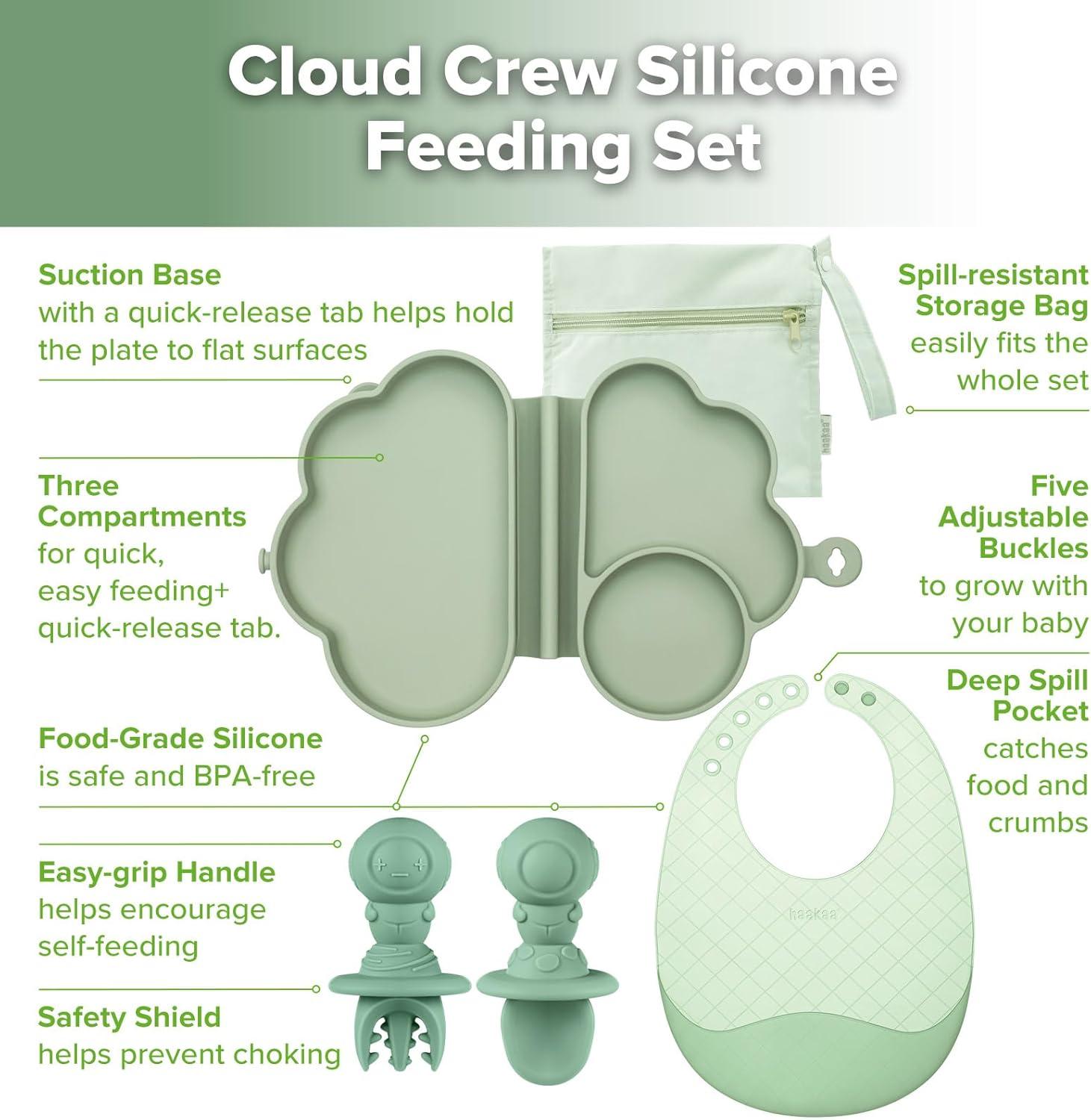 image:imagehaakaa Cloud Crew Silicone Travel Baby Feeding Set with Foldable Suction Baby Plate Silicone Bib Baby Spoon and Fork Waterproof Travel Bag 6M