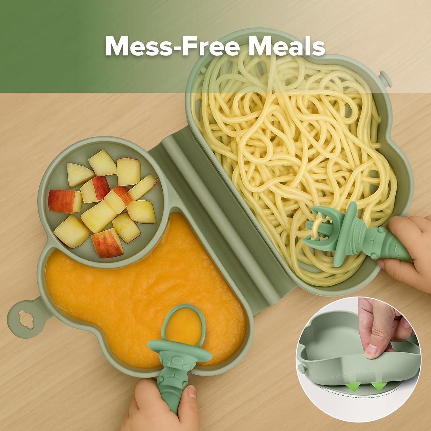 image:imagehaakaa Cloud Crew Silicone Travel Baby Feeding Set with Foldable Suction Baby Plate Silicone Bib Baby Spoon and Fork Waterproof Travel Bag 6M