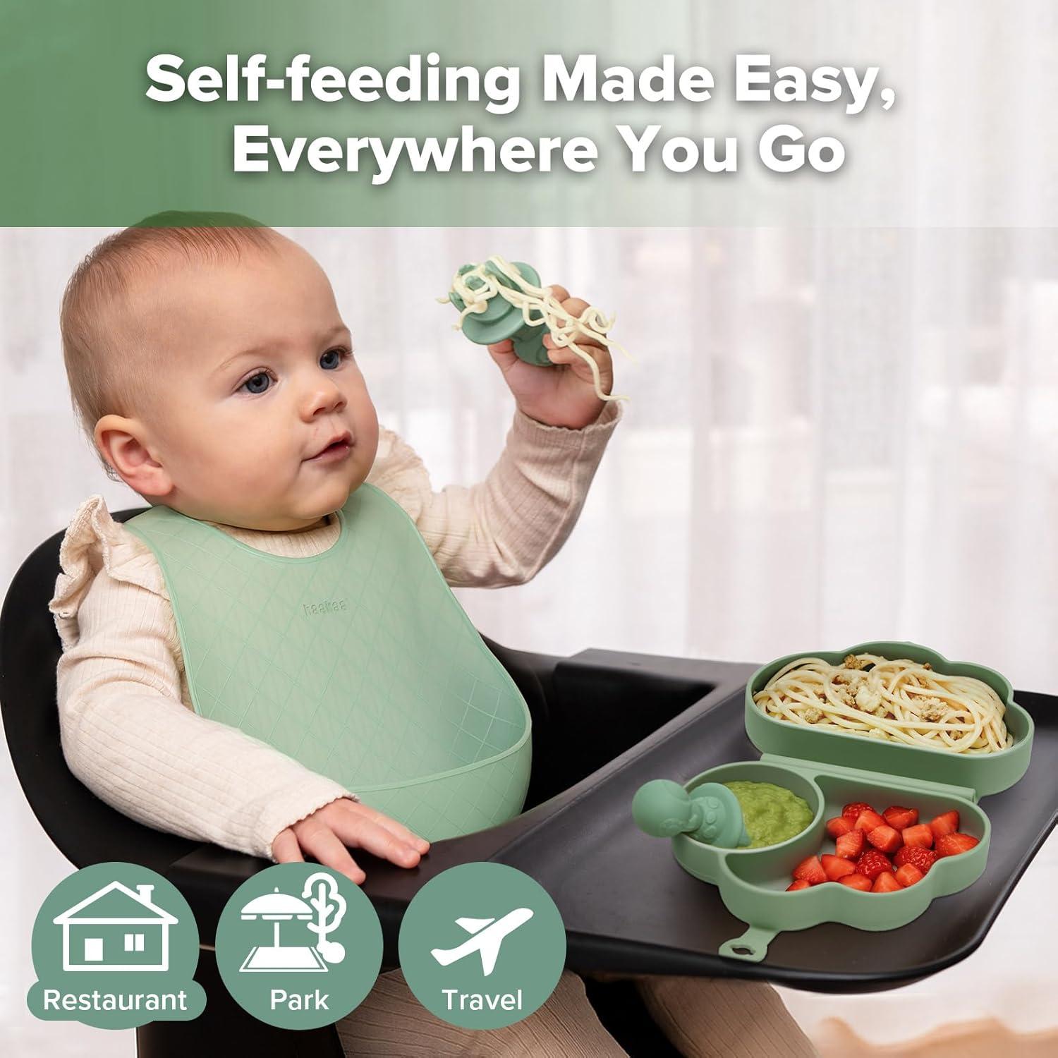 image:imagehaakaa Cloud Crew Silicone Travel Baby Feeding Set with Foldable Suction Baby Plate Silicone Bib Baby Spoon and Fork Waterproof Travel Bag 6M