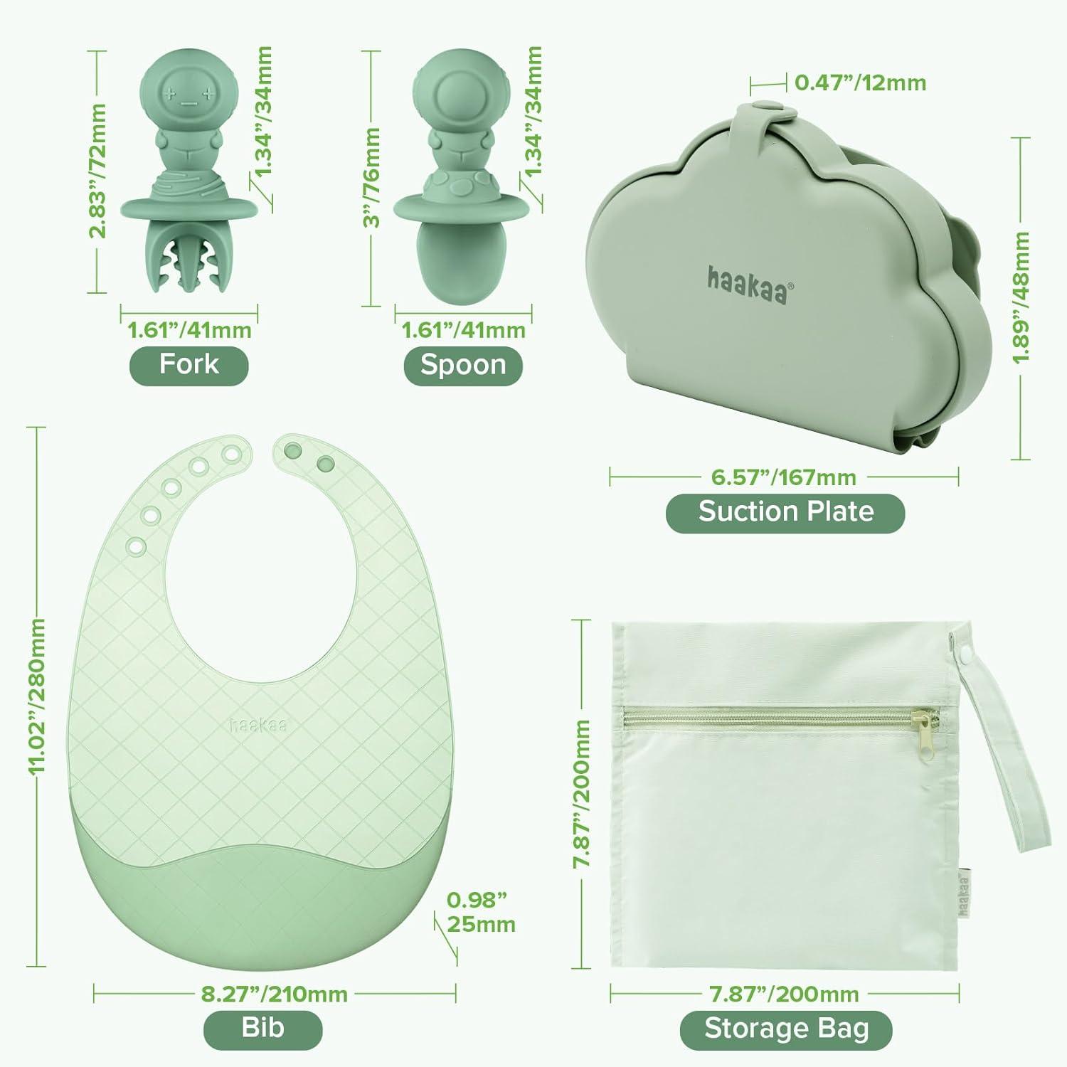 image:imagehaakaa Cloud Crew Silicone Travel Baby Feeding Set with Foldable Suction Baby Plate Silicone Bib Baby Spoon and Fork Waterproof Travel Bag 6M