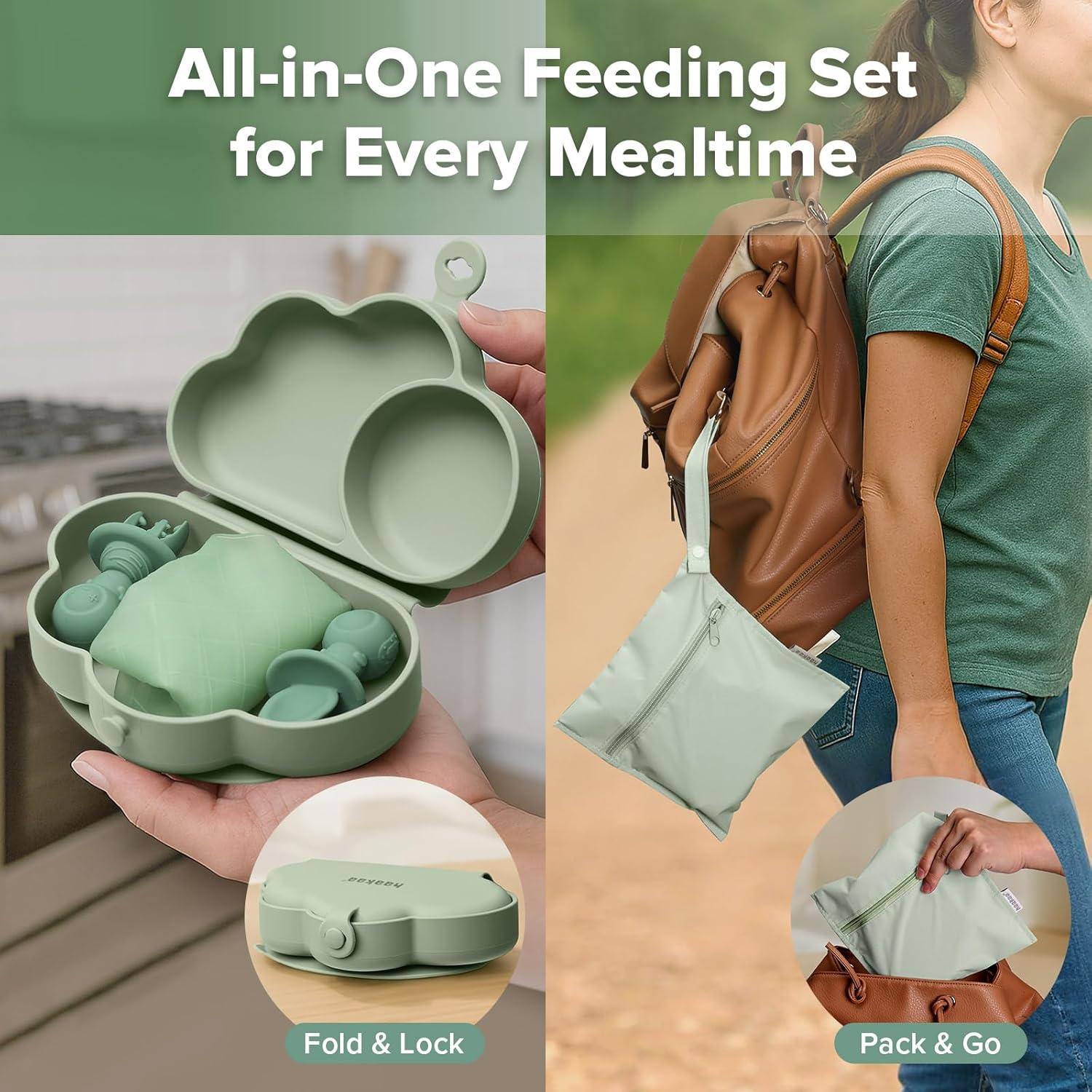 image:imagehaakaa Cloud Crew Silicone Travel Baby Feeding Set with Foldable Suction Baby Plate Silicone Bib Baby Spoon and Fork Waterproof Travel Bag 6M