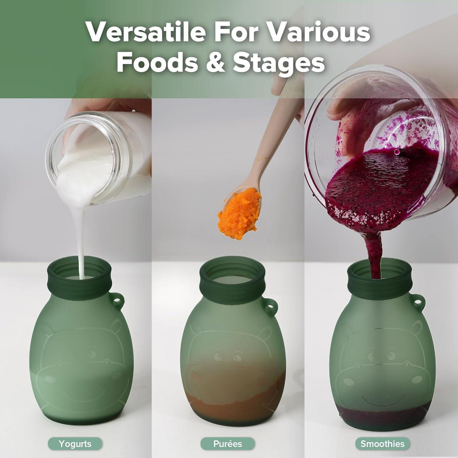 image:imagehaakaa Hippo Wide Opening Silicone Goody Pouch 9oz260ml Reusable Pouches for Toddlers Baby Food Pouches with Wide Opening for Easy Fill amp Clean Perfect for Purees amp Smoothies 2 PackPea Green