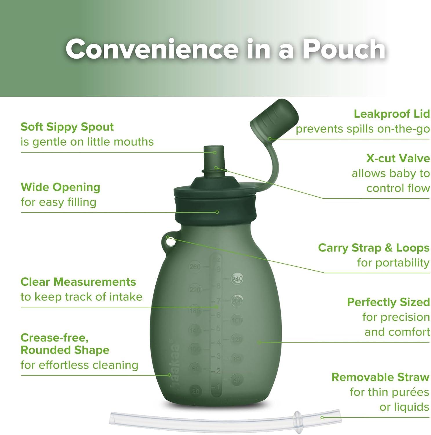 image:imagehaakaa Hippo Wide Opening Silicone Goody Pouch 9oz260ml Reusable Pouches for Toddlers Baby Food Pouches with Wide Opening for Easy Fill amp Clean Perfect for Purees amp Smoothies 2 PackPea Green