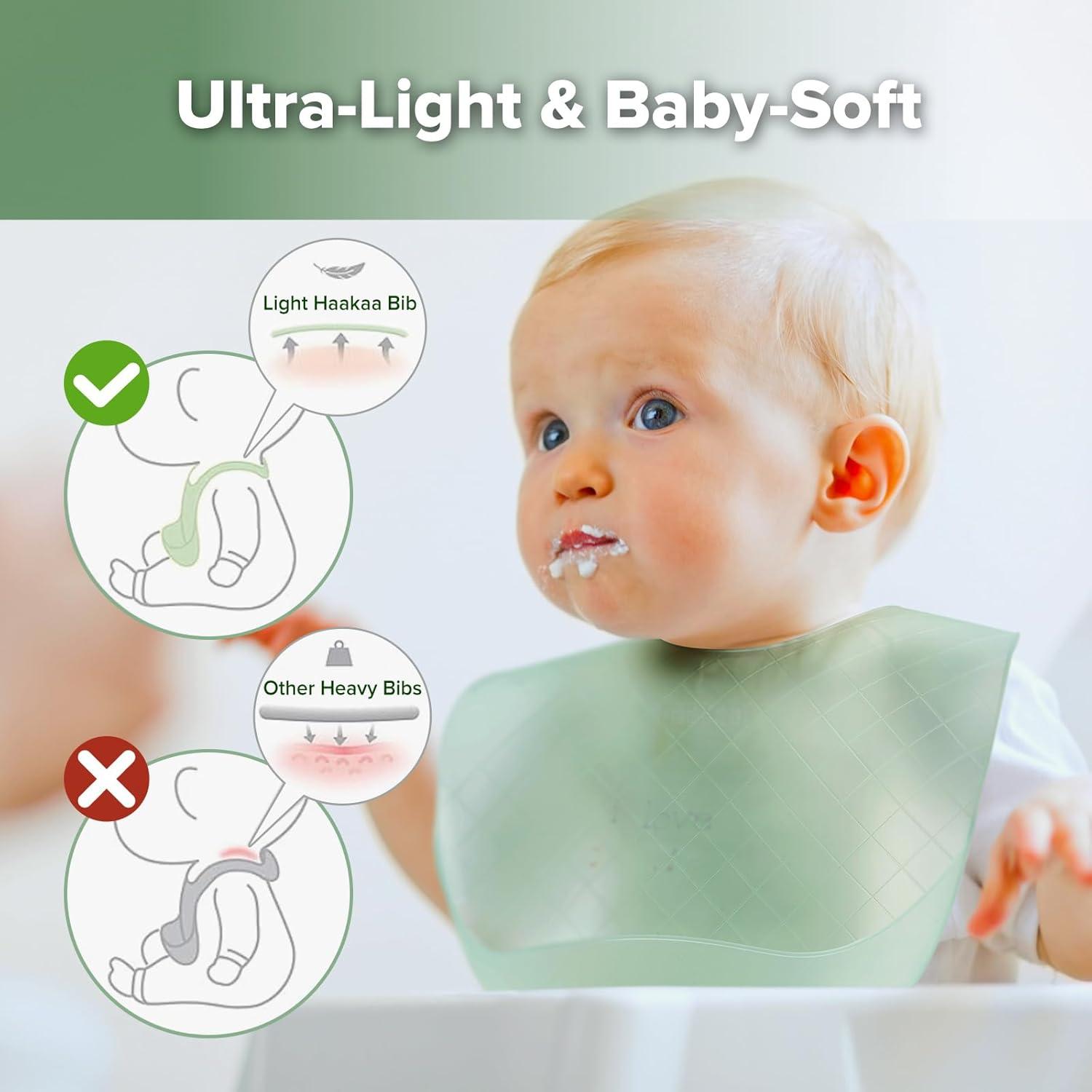 image:imagehaakaa Lightweight Silicone Pocket Bib UltraLight amp Foldable Travel Silicone Baby Bibs with Deep Food Catcher Pocket Adjustable Waterproof Design Baby Feeding Essentials