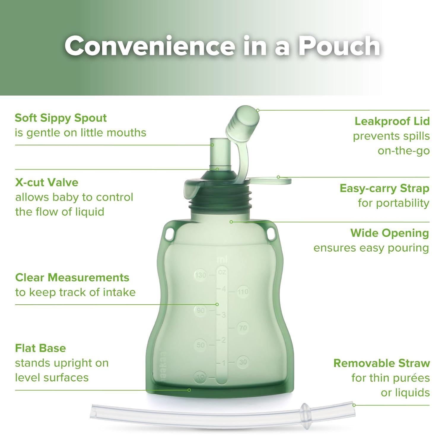 image:imagehaakaa Reusable Baby Food Pouches Refillable Baby Squeeze Silicone Yummy Pouch Soft Reusable Squeeze Storage Food Pouch for Kids ToddlerHome Made Food PureeSmoothie Pouch Bag 4oz 4 Pack6mGreen