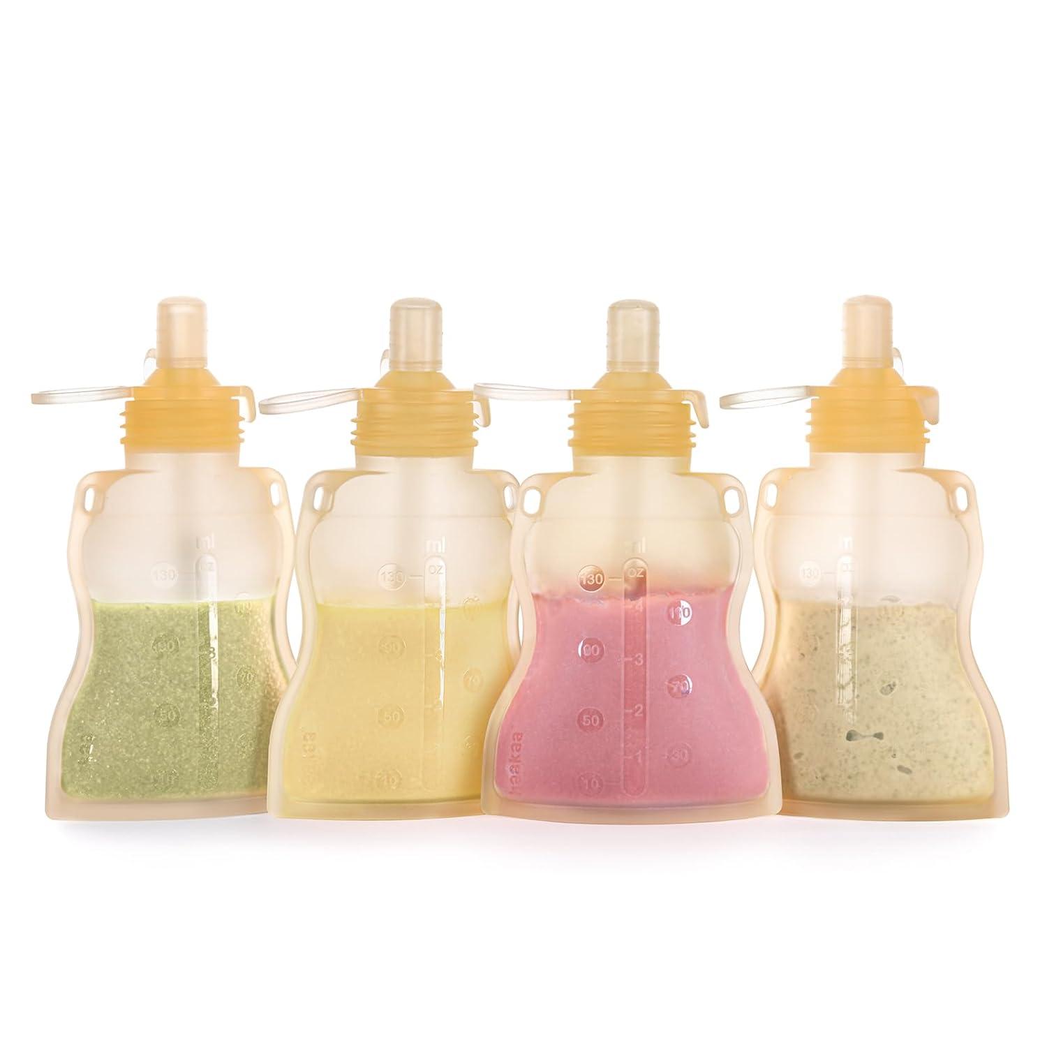 image:imagehaakaa Reusable Baby Food Pouches Refillable Baby Squeeze Silicone Yummy Pouch Soft Reusable Squeeze Storage Food Pouch for Kids ToddlerHome Made Food PureeSmoothie Pouch Bag 4oz 4 Pack6mYellow